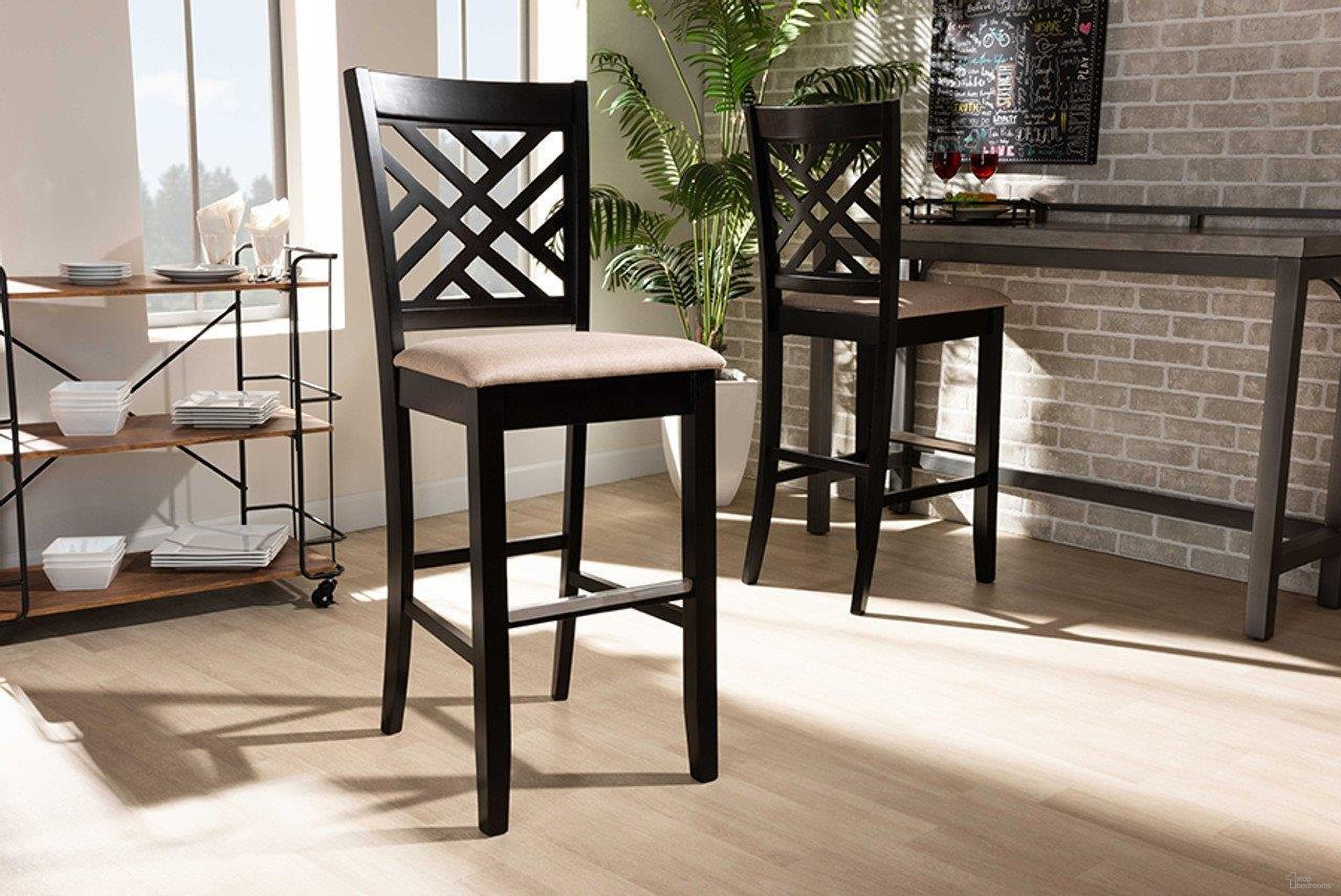 Jason Modern and Contemporary Sand Fabric Upholstered and Espresso Brown Finished Wood 2-Piece Bar Stool Set