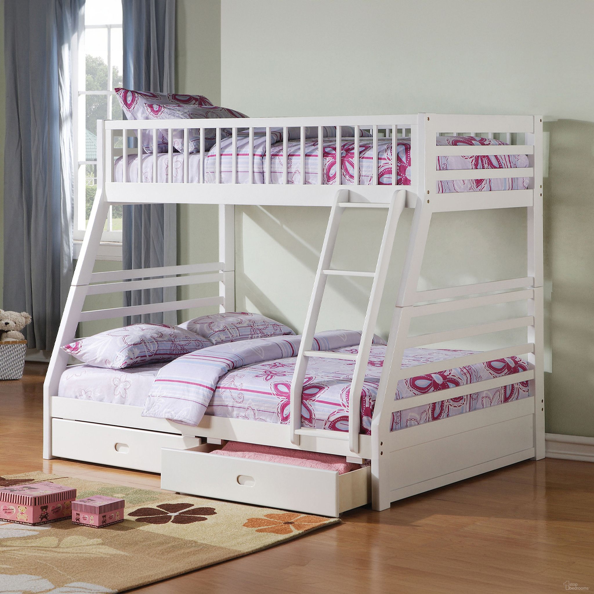The appearance of Jason White Bunk Bed with Storage designed by ACME in the transitional interior design. This white piece of furniture was selected by 1StopBedrooms from Jason Collection to add a touch of cosiness and style into your home. Sku: 37040HF;37041R. Bed Type: Bunk Bed. Material: Wood. Bed Size: Twin Over Full.