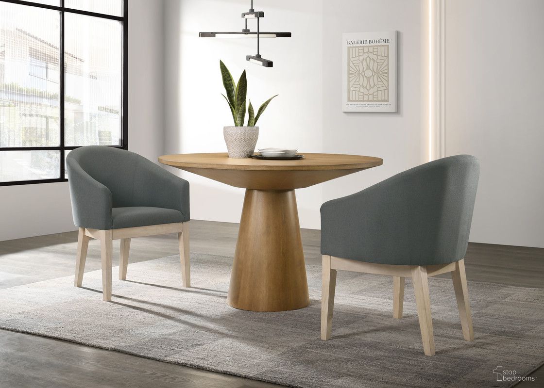 Jasper 3 Piece 47 Inch Round Dining Table Set with Gray Barrel Chairs In Driftwood
