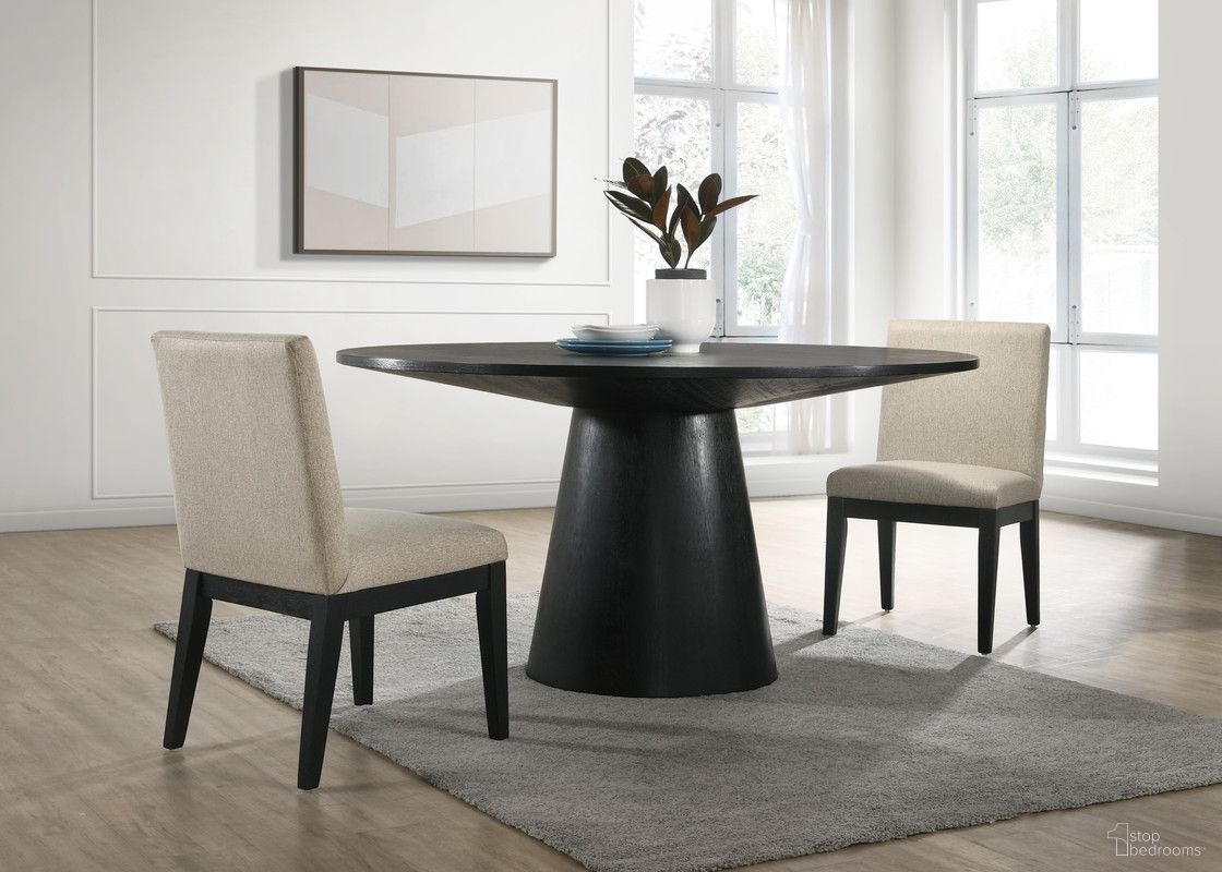 The appearance of Jasper 3 Piece 59 Inch Round Dining Table Set with Beige Fabric Chairs In Ebony Black designed by Lilola Home in the modern / contemporary interior design. This black and beige piece of furniture was selected by 1StopBedrooms from Jasper Collection to add a touch of cosiness and style into your home. Sku: 30016-TOP;30016-BASE;30016-C. Table Base Style: Pedestal. Table Top Shape: Round. Material: Solid Wood.