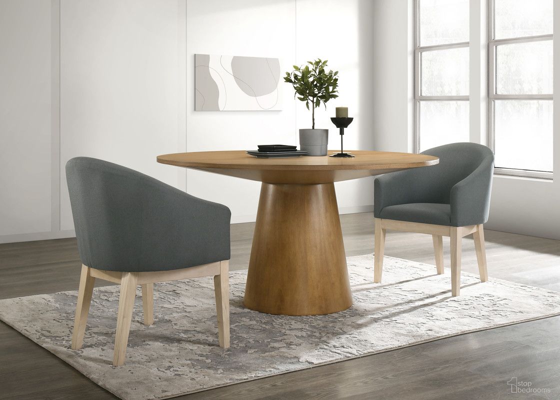 The appearance of Jasper 3 Piece 59 Inch Round Dining Table Set with Gray Barrel Chairs In Driftwood designed by Lilola Home in the modern / contemporary interior design. This driftwood and gray piece of furniture  was selected by 1StopBedrooms from Jasper Collection to add a touch of cosiness and style into your home. Sku: 30003-C;30018-TOP;30018-BASE. Table Base Style: Pedestal. Table Top Shape: Round. Size: 59". Material: Solid Wood.