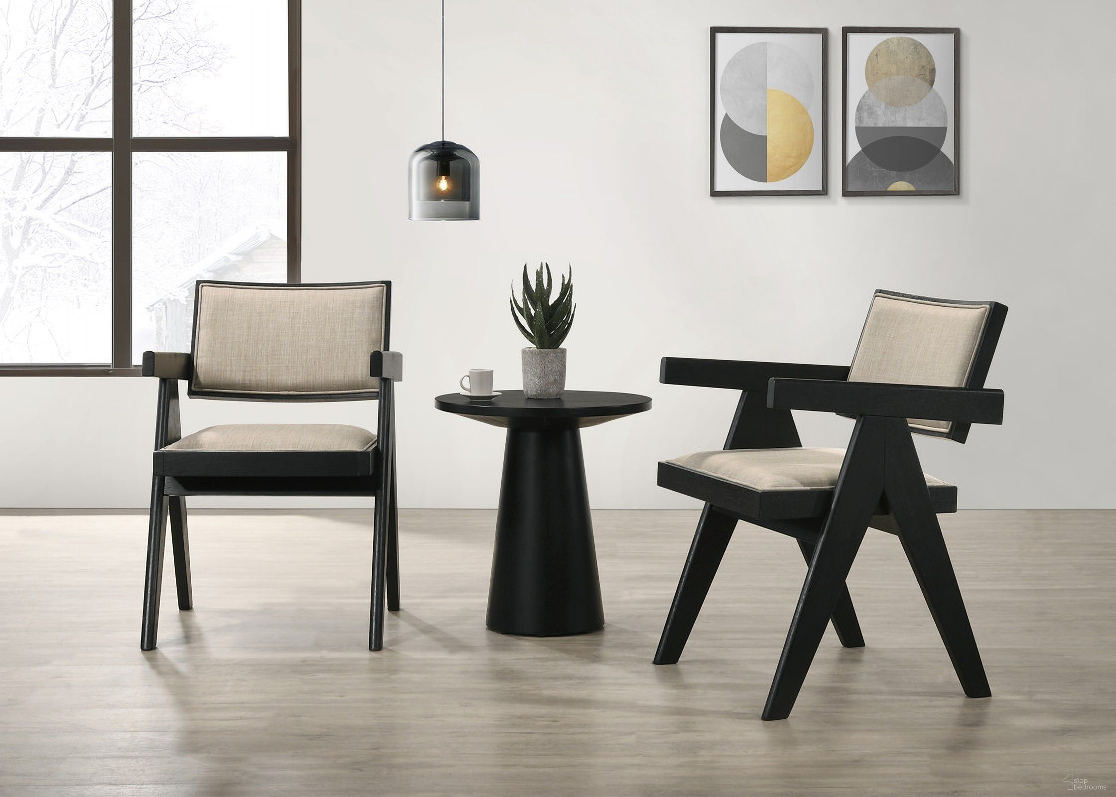 The appearance of Jasper 21 Inch 3 Piece Arm Chairs and Console Table Set In Ebony Black and Beige designed by Lilola Home in the modern / contemporary interior design. This black and beige piece of furniture was selected by 1StopBedrooms from Jasper Collection to add a touch of cosiness and style into your home. Sku: 98046-TOP;98046-BASE;30023-C. Material: Solid Wood.