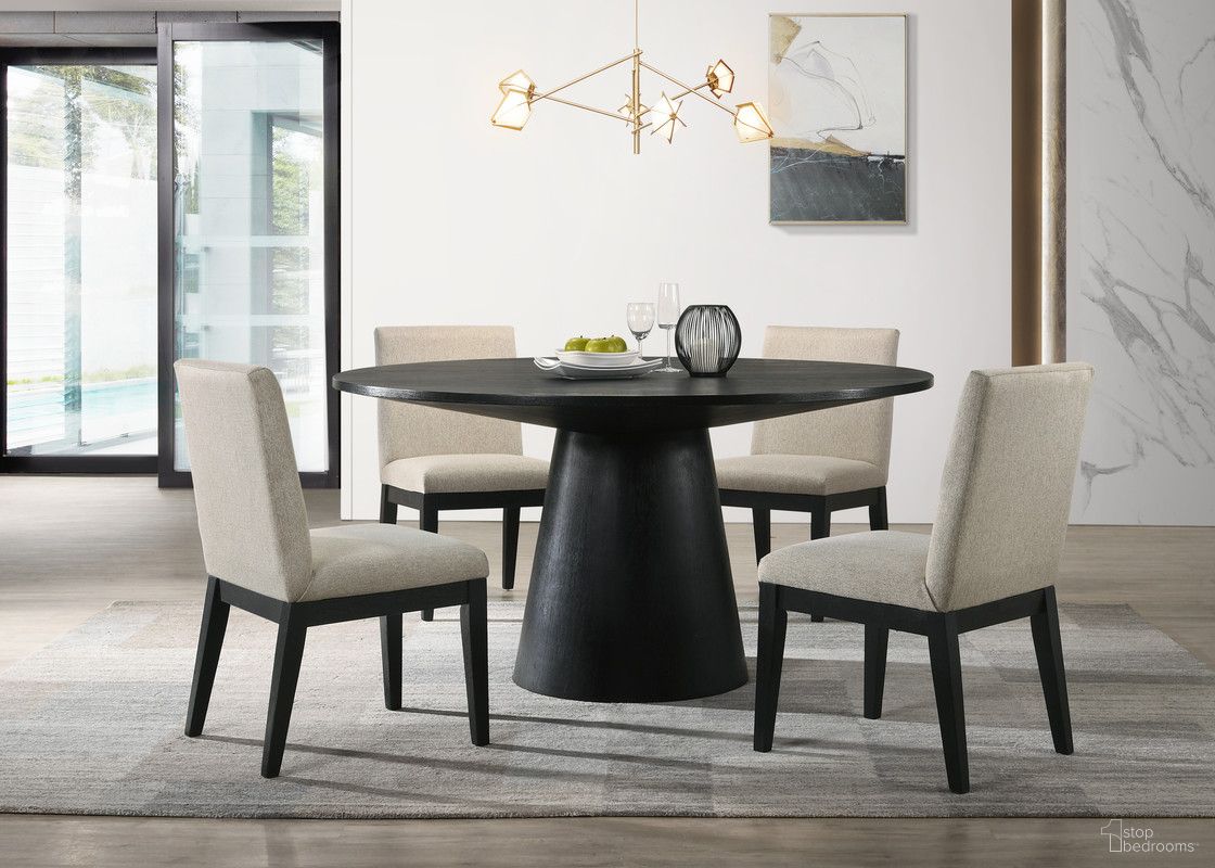 The appearance of Jasper 5 Piece 59 Inch Round Dining Table Set with Beige Fabric Chairs In Ebony Black designed by Lilola Home in the modern / contemporary interior design. This black and beige piece of furniture was selected by 1StopBedrooms from Jasper Collection to add a touch of cosiness and style into your home. Sku: 30016-TOP;30016-BASE;30016-C;30016-C. Table Base Style: Pedestal. Table Top Shape: Round. Material: Solid Wood.