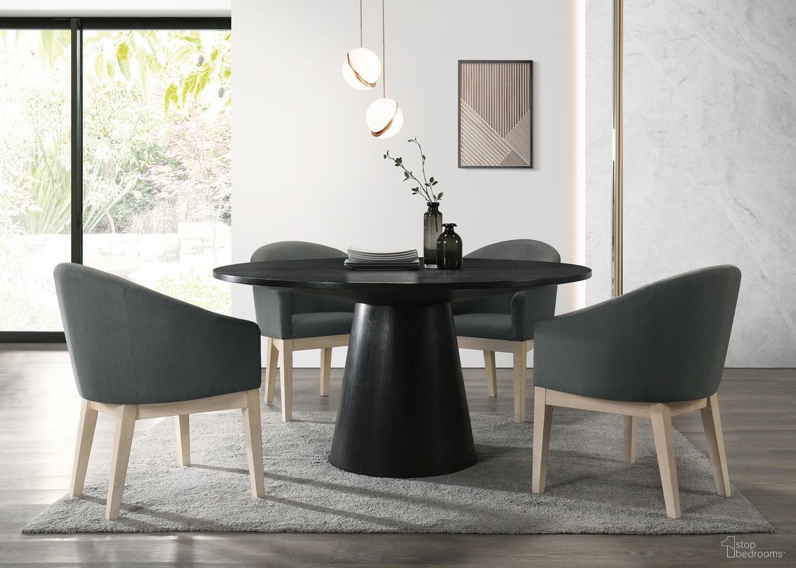 The appearance of Jasper 5 Piece 59 Inch Round Dining Table Set with Gray Chairs In Ebony Black designed by Lilola Home in the modern / contemporary interior design. This black and gray piece of furniture was selected by 1StopBedrooms from Jasper Collection to add a touch of cosiness and style into your home. Sku: 30003-C;30003-C;30016-TOP;30016-BASE. Table Base Style: Pedestal. Table Top Shape: Round. Material: Solid Wood.