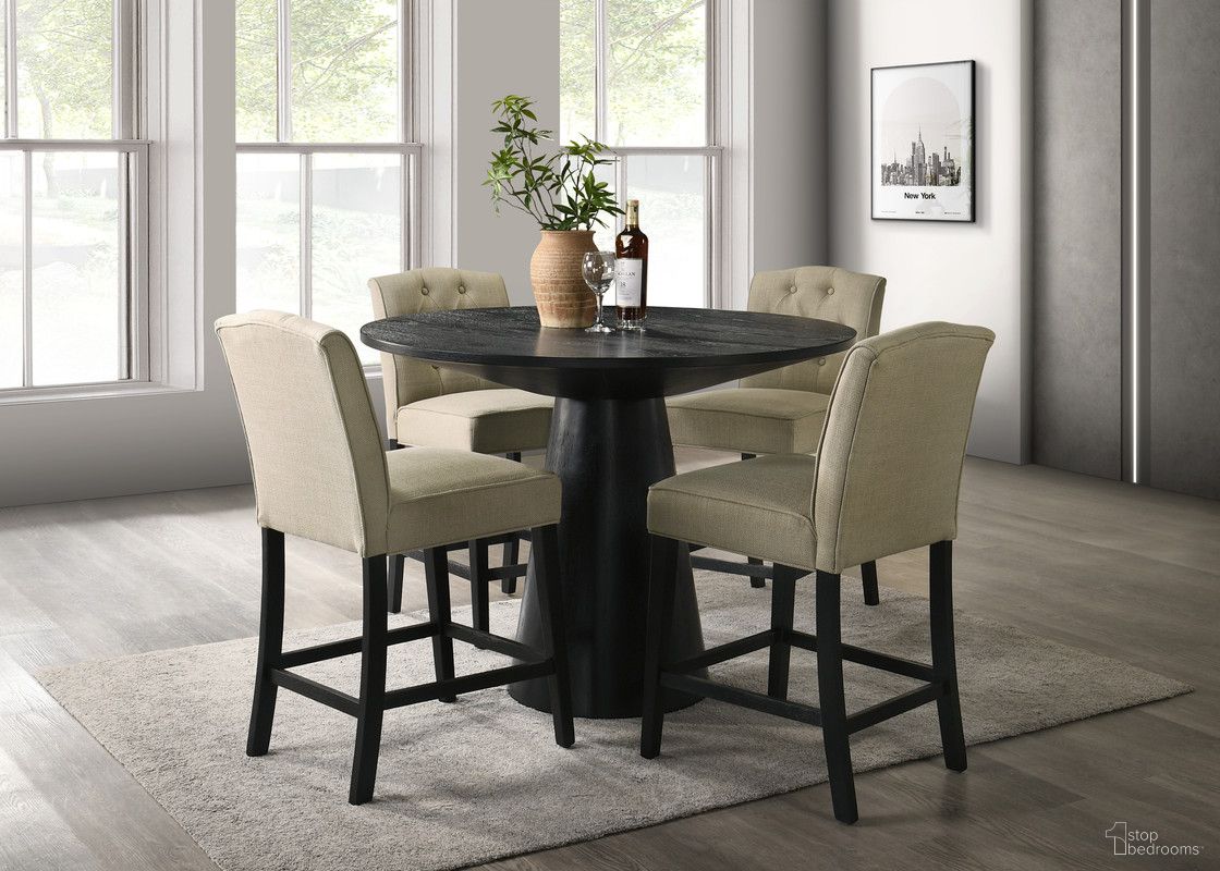 Jasper 5PC 47 Inch Round Pedestal Counter Height Set with Beige Upholstered Chairs In Ebony Black