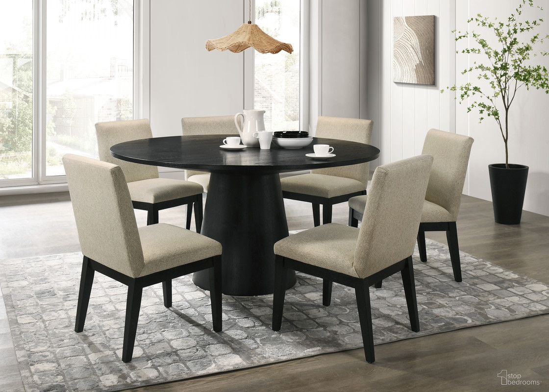 The appearance of Jasper 7 Piece 59 Inch Round Dining Table Set with Beige Fabric Chairs In Ebony Black designed by Lilola Home in the modern / contemporary interior design. This ebony black piece of furniture was selected by 1StopBedrooms from Jasper Collection to add a touch of cosiness and style into your home. Sku: 30016-TOP;30016-BASE;30016-C;30016-C;30016-C. Table Base Style: Pedestal. Table Top Shape: Round. Material: Solid Wood.