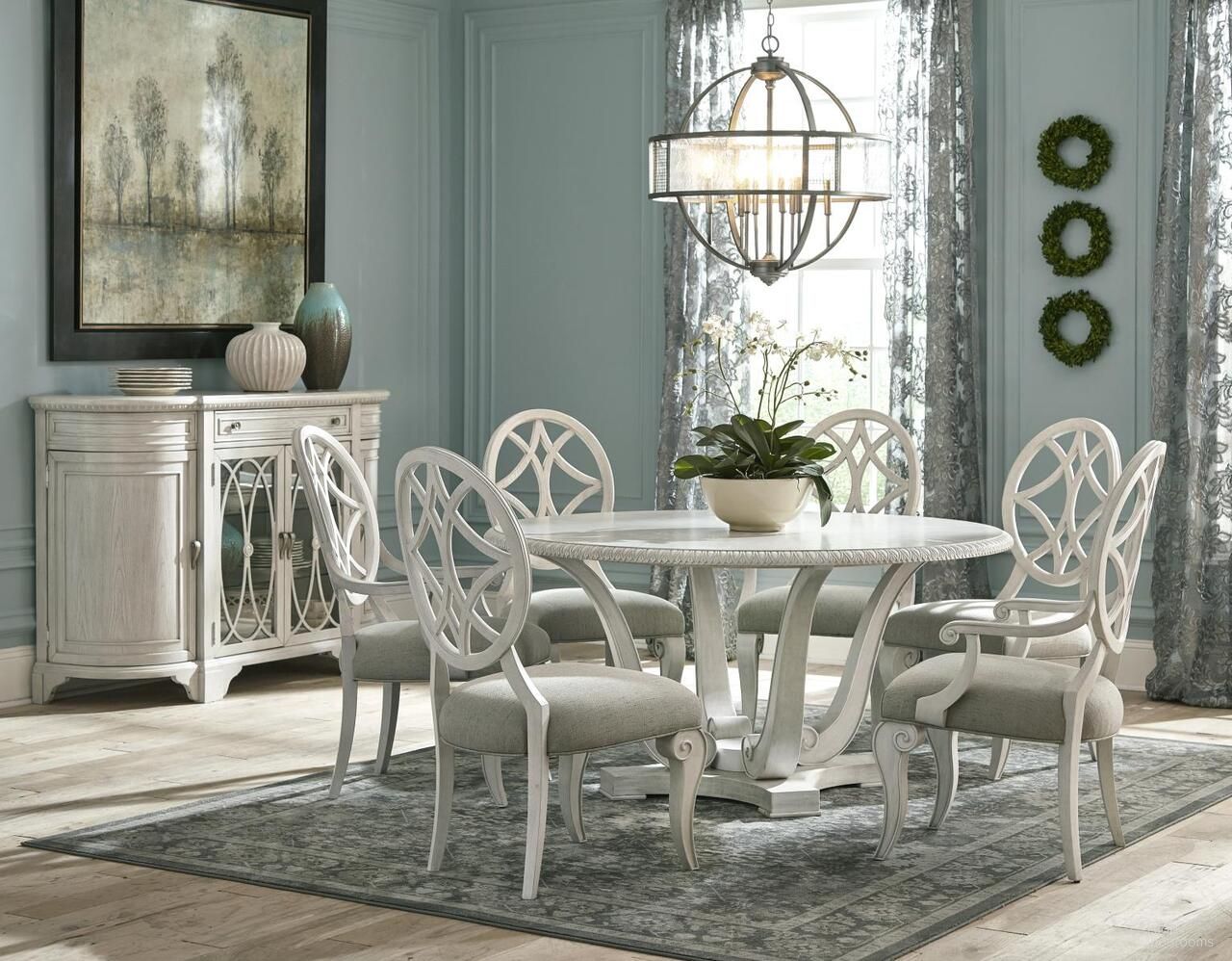 The appearance of Jasper County Dogwood Round Dining Room Set In Dogwood designed by Legacy Classic in the traditional interior design. This dogwood piece of furniture  was selected by 1StopBedrooms from Jasper County Collection to add a touch of cosiness and style into your home. Sku: TY790-030T;TY790-030B;TY790-900. Table Top Shape: Round. Size: 60". Material: Oak Veneer.