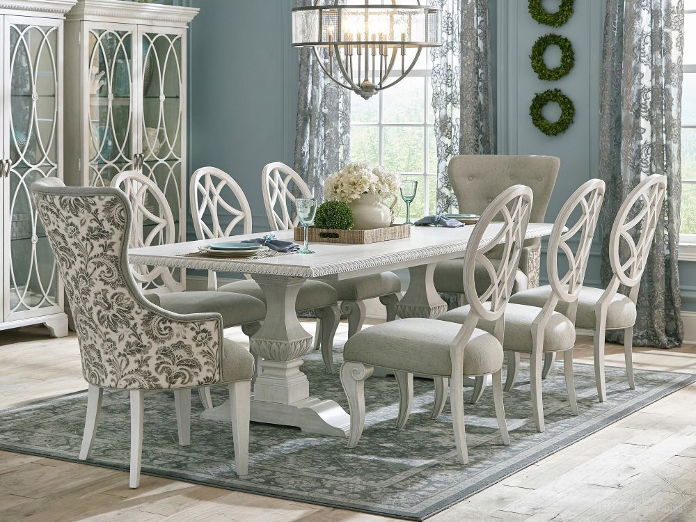 The appearance of Jasper County Tillman Dining Room Set In Dogwood designed by Legacy Classic in the traditional interior design. This dogwood piece of furniture  was selected by 1StopBedrooms from Jasper County Collection to add a touch of cosiness and style into your home. Sku: TY790-102T;TY790-102B;TY790-900. Table Top Shape: Rectangular. Size: 84" x 42". Material: Oak Veneer.
