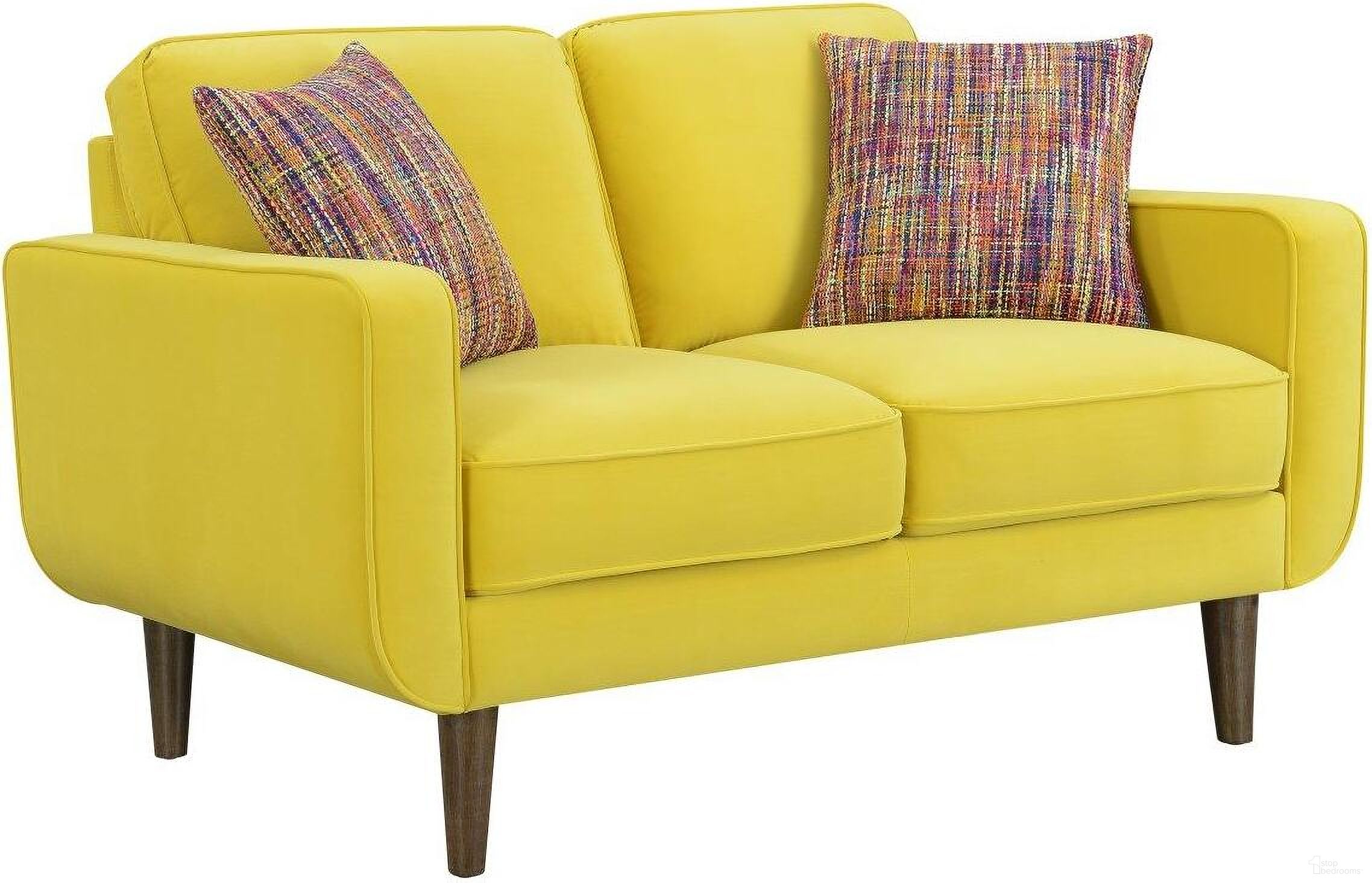 The appearance of Jax Loveseat In Sunshine designed by Emerald Home Furnishings in the modern / contemporary interior design. This sunshine piece of furniture was selected by 1StopBedrooms from Jax Collection to add a touch of cosiness and style into your home. Sku: U3906-01-01A. Material: Polyester.