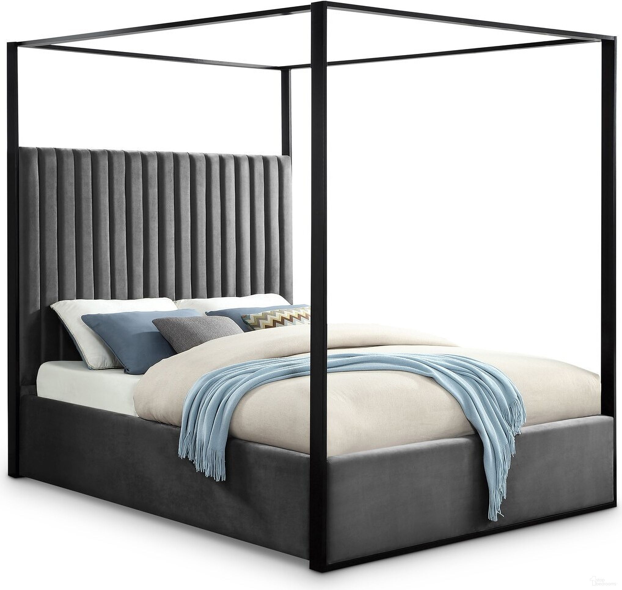 The appearance of Jax Velvet King Bed In Grey designed by Meridian in the modern / contemporary interior design. This grey piece of furniture was selected by 1StopBedrooms from Jax Collection to add a touch of cosiness and style into your home. Sku: JaxGrey-K Box 1/2 (HB/Slats);JaxGrey-K Box 2/2 (FB/Rails/Metal Bar/Hardware/Legs/9 Vertical Rods). Bed Type: Canopy Bed. Bed Size: King. Material: Velvet.