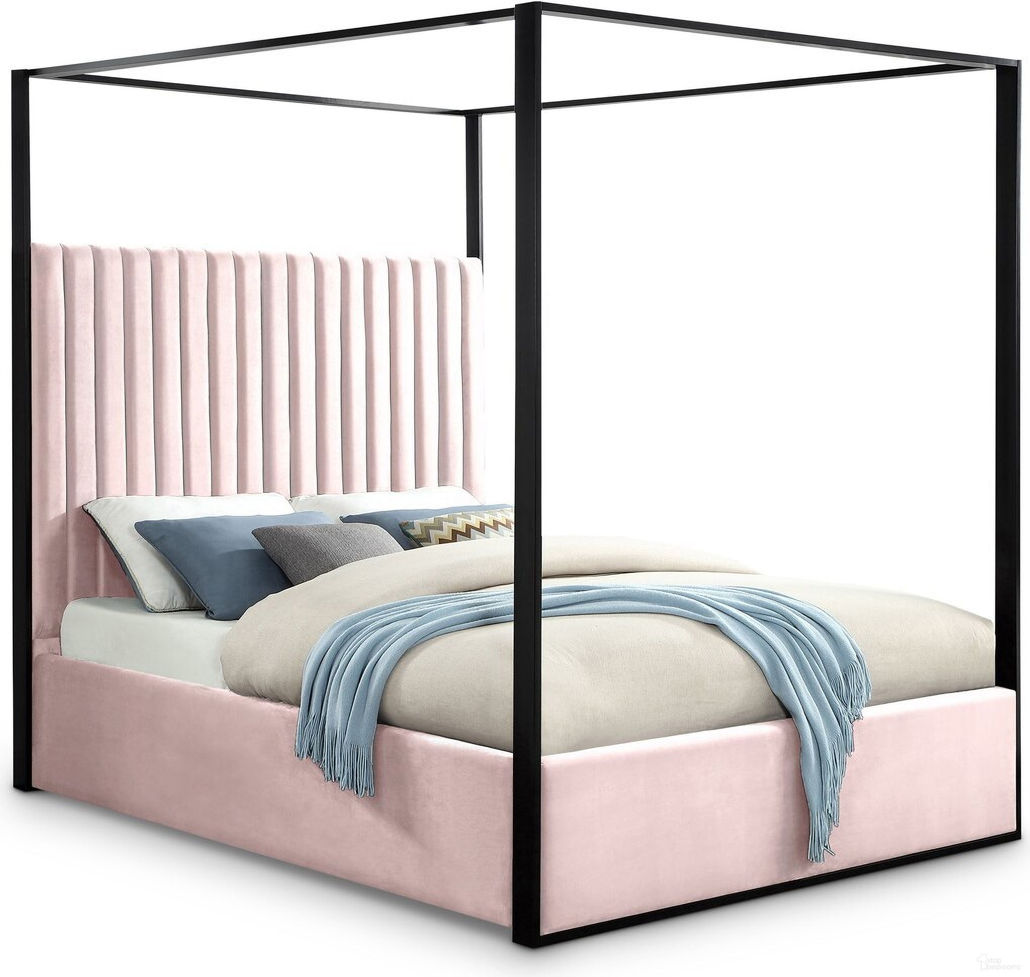 The appearance of Jax Velvet Queen Bed In Pink designed by Meridian in the modern / contemporary interior design. This pink piece of furniture was selected by 1StopBedrooms from Jax Collection to add a touch of cosiness and style into your home. Sku: JaxPink-Q Box 1/2 (HB/Slats);JaxPink-Q Box 2/2 (FB/Rails/Metal Bar/Hardware/Legs/9 Vertical Rods). Bed Type: Canopy Bed. Bed Size: Queen. Material: Velvet.