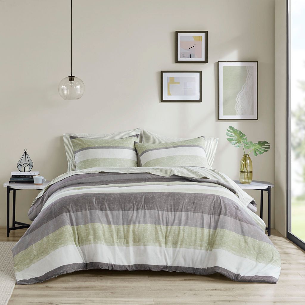 Jaxon Stripe 7 Piece King Comforter Set with Bed Sheets In Green and Grey