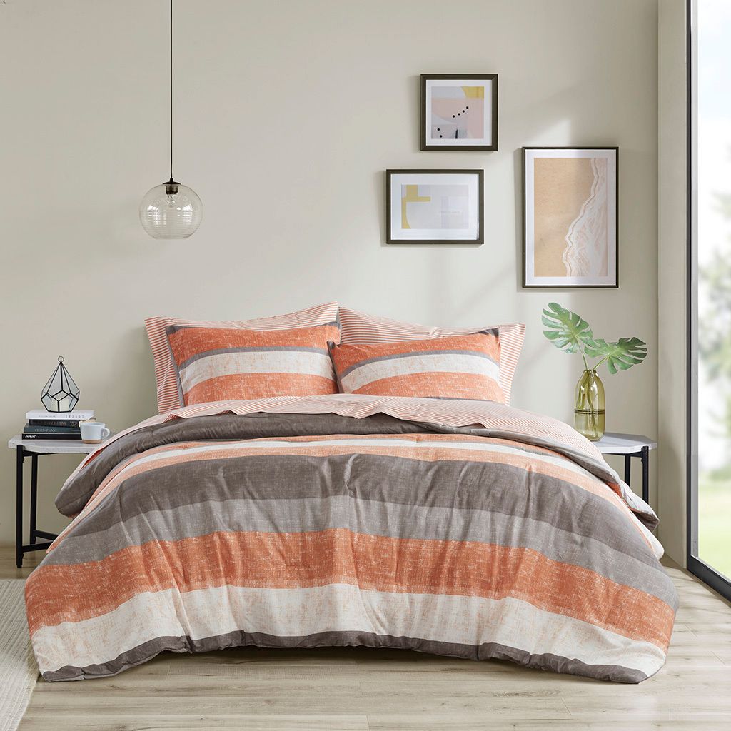 Jaxon Stripe 7 Piece Queen Comforter Set with Bed Sheets In Coral and Grey