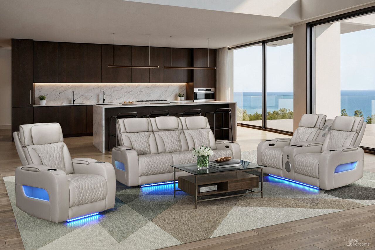 The appearance of Jazz Leather Aire Transformer Power Reclining Living Room Set In Ice designed by Lilola Home in the modern / contemporary interior design. This ice piece of furniture was selected by 1StopBedrooms from Jazz Collection to add a touch of cosiness and style into your home. Sku: 81641-C;81641-L;81641-S. Material: Wood.
