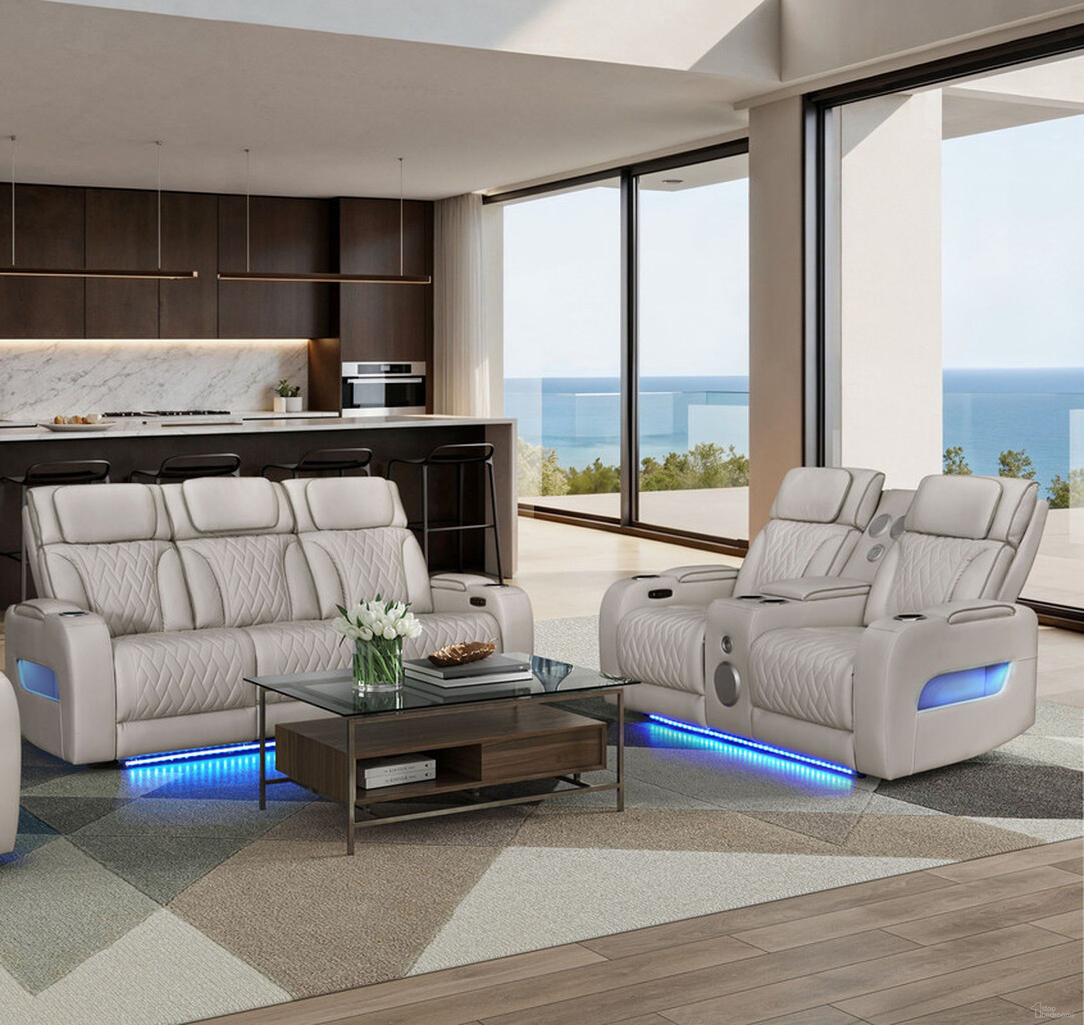 The appearance of Jazz Leather Aire Transformer Power Reclining Sofa and Loveseat Living Room Set In Ice designed by Lilola Home in the modern / contemporary interior design. This ice piece of furniture was selected by 1StopBedrooms from Jazz Collection to add a touch of cosiness and style into your home. Sku: 81641-L;81641-S. Material: Wood.