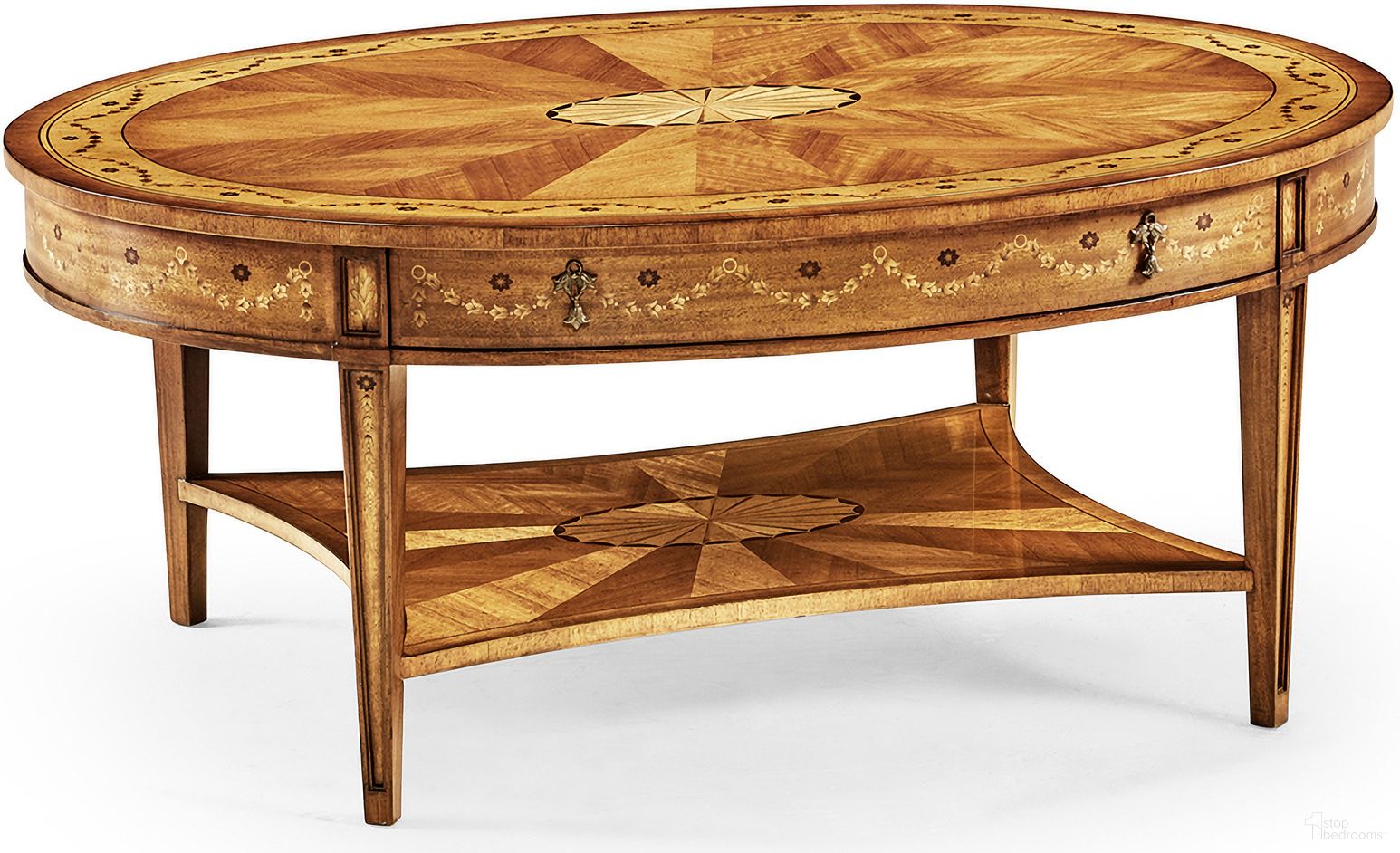 The appearance of JC Traditional Sheraton Oval Coffee Table In Light Satinwood designed by Jonathan Charles in the traditional interior design. This light satinwood piece of furniture was selected by 1StopBedrooms from JC Traditional Collection to add a touch of cosiness and style into your home. Sku: 492661-SAL. Material: Acacia.