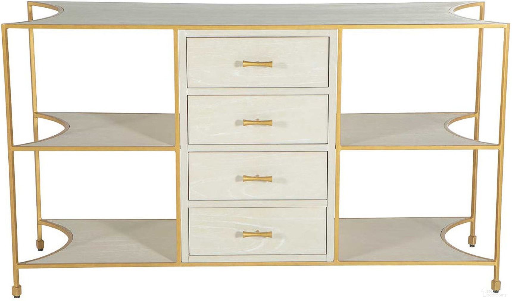 The appearance of Jeanelle Storage Console In Cerused White and Stained Gold designed by Gabby in the transitional interior design. This cerused white/stained gold piece of furniture was selected by 1StopBedrooms from Jeanelle Collection to add a touch of cosiness and style into your home. Sku: SCH-175080. Material: Oak.