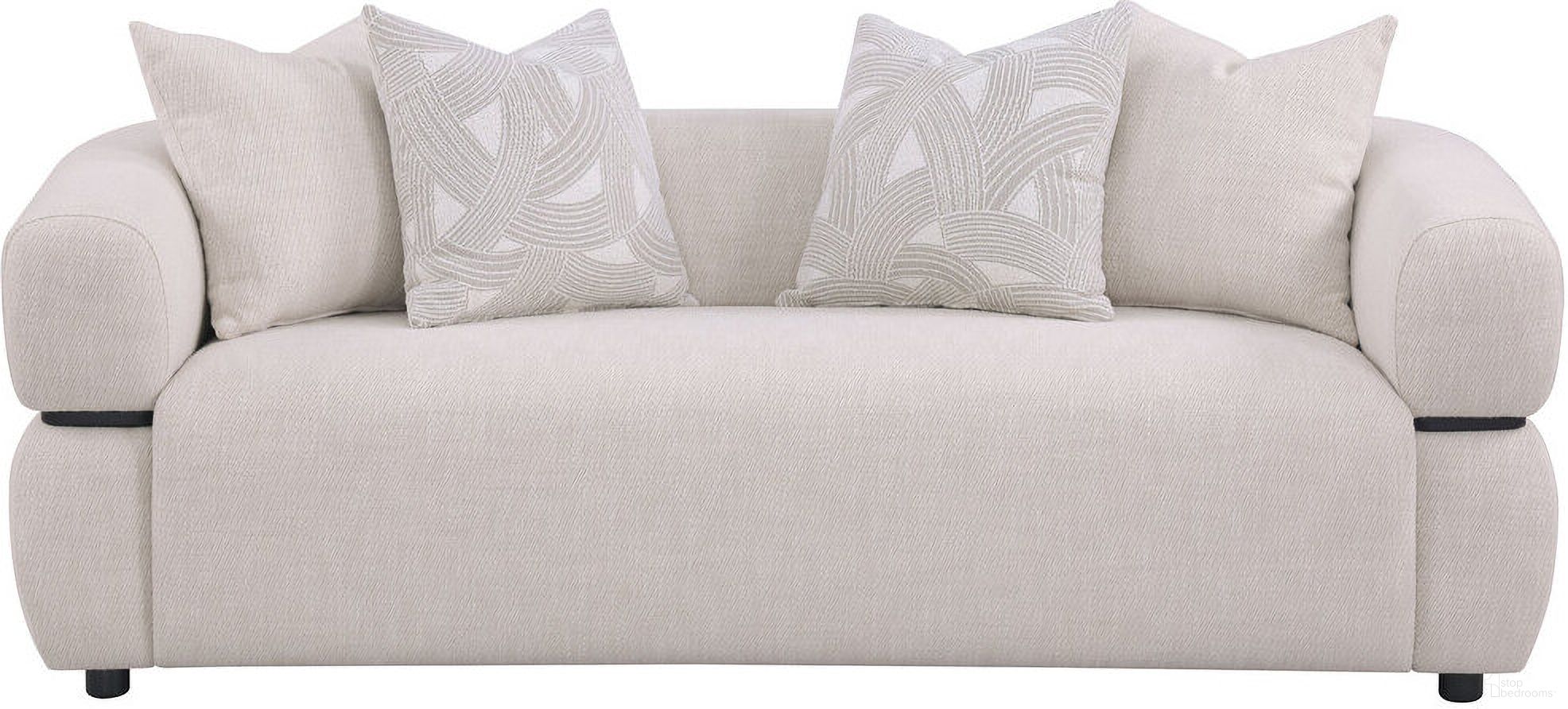 The appearance of Jeanette 84-Inch Fabric Upholstered Round Arm Sofa In Beige designed by Coaster in the modern / contemporary interior design. This beige piece of furniture was selected by 1StopBedrooms from Jeanette Collection to add a touch of cosiness and style into your home. Sku: 508961. Material: Plywood.
