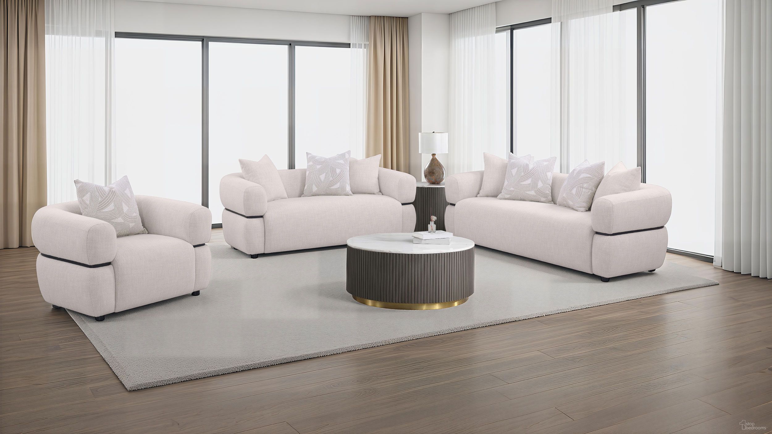 The appearance of Jeanette Fabric Upholstered Round Arm Living Room Set In Beige designed by Coaster in the modern / contemporary interior design. This beige piece of furniture was selected by 1StopBedrooms from Jeanette Collection to add a touch of cosiness and style into your home. Sku: 508961;508962. Material: Eucalyptus.