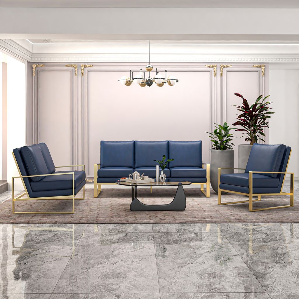 Jefferson Leather 3-Piece Living Room Sofa Set with Elegant Gold Frame In Navy Blue