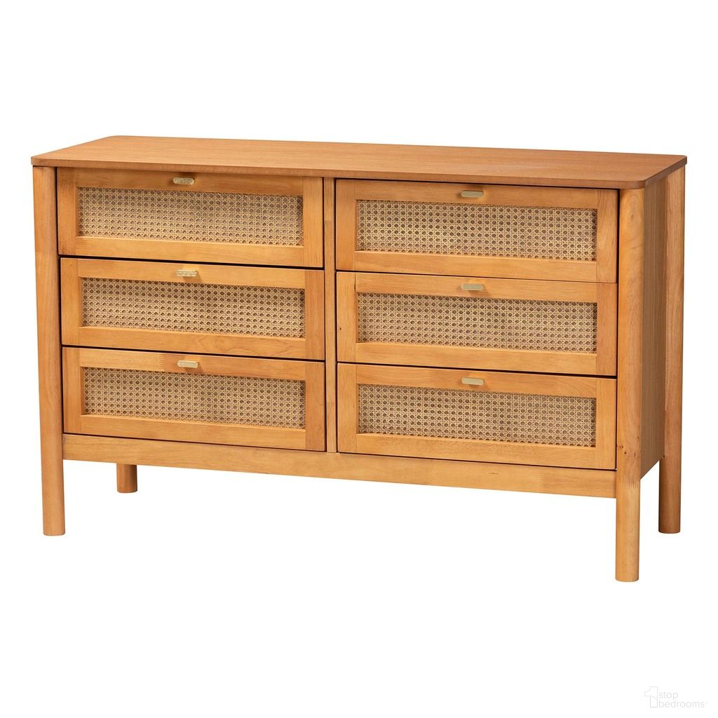 The appearance of Jenn Wood 6-Drawer Dresser with Distressed Finished Rattan In Golden Brown designed by Baxton Studio in the modern / contemporary interior design. This golden brown piece of furniture was selected by 1StopBedrooms from Jenn Collection to add a touch of cosiness and style into your home. Sku: MG9006-5703R Rattan/NTOak1203-6D-Dresser. Material: Rubberwood.