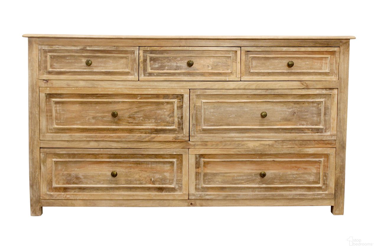 The appearance of Jenna 7-Drawer Solid Wood Dresser In Natural designed by Moti in the modern / contemporary interior design. This natural piece of furniture  was selected by 1StopBedrooms from Jenna Collection to add a touch of cosiness and style into your home. Sku: 99116001. Material: Wood.