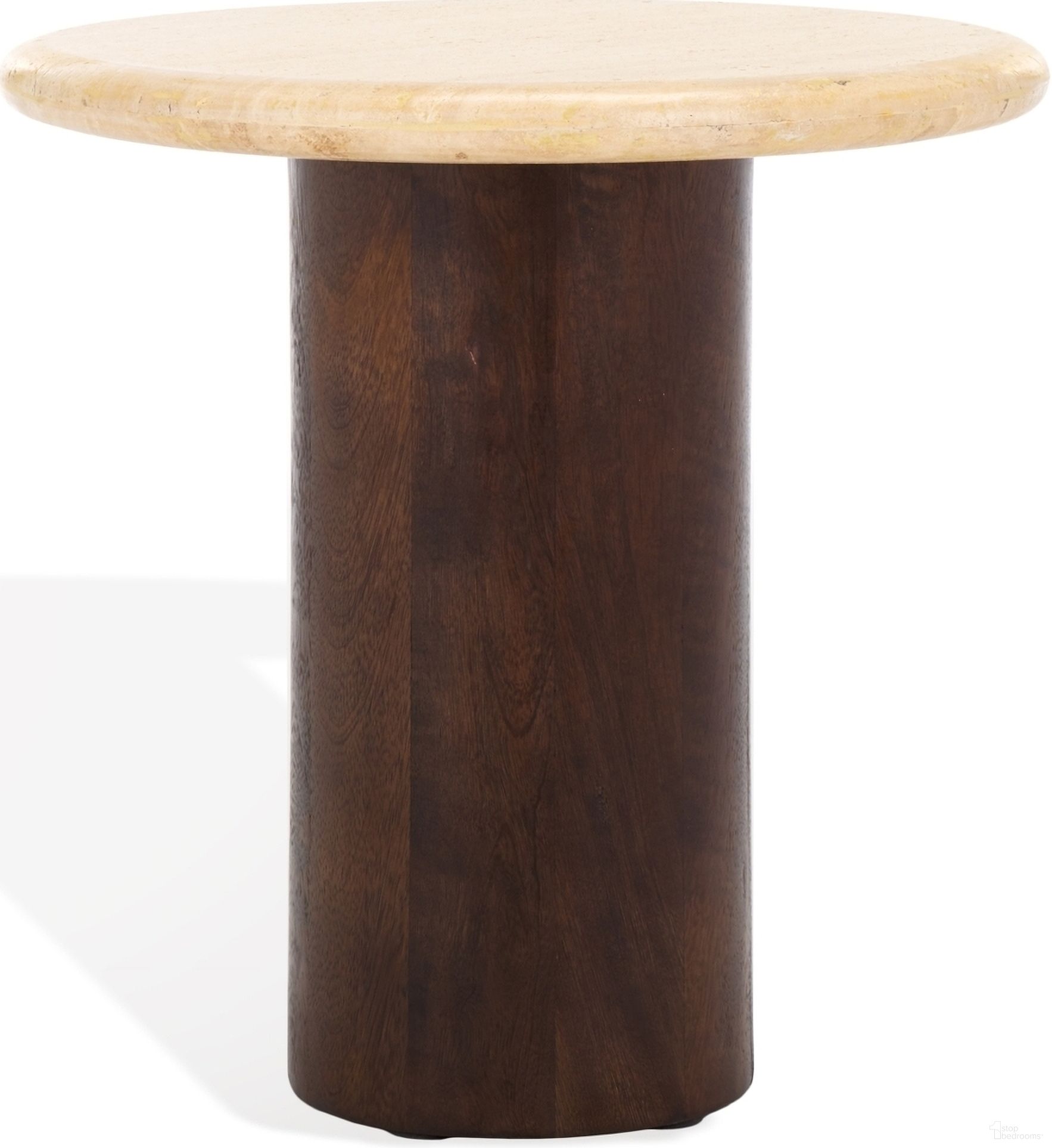 The appearance of Jennamira Round Travertine Table In Dark Brown and Travertine designed by Safavieh Couture in the modern / contemporary interior design. This dark brown piece of furniture  was selected by 1StopBedrooms from Jennamira Collection to add a touch of cosiness and style into your home. Sku: SFV5762A. Material: Wood.