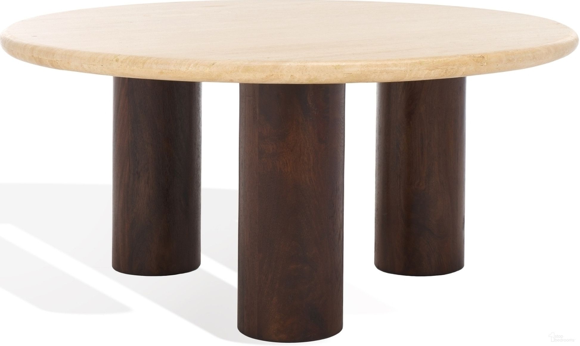 The appearance of Jennamira Travertine Coffee Table In Dark Brown and Travertine designed by Safavieh Couture in the rustic / southwestern interior design. This dark brown and travertine piece of furniture  was selected by 1StopBedrooms from Jennamira Collection to add a touch of cosiness and style into your home. Sku: SFV5760A. Material: Wood.