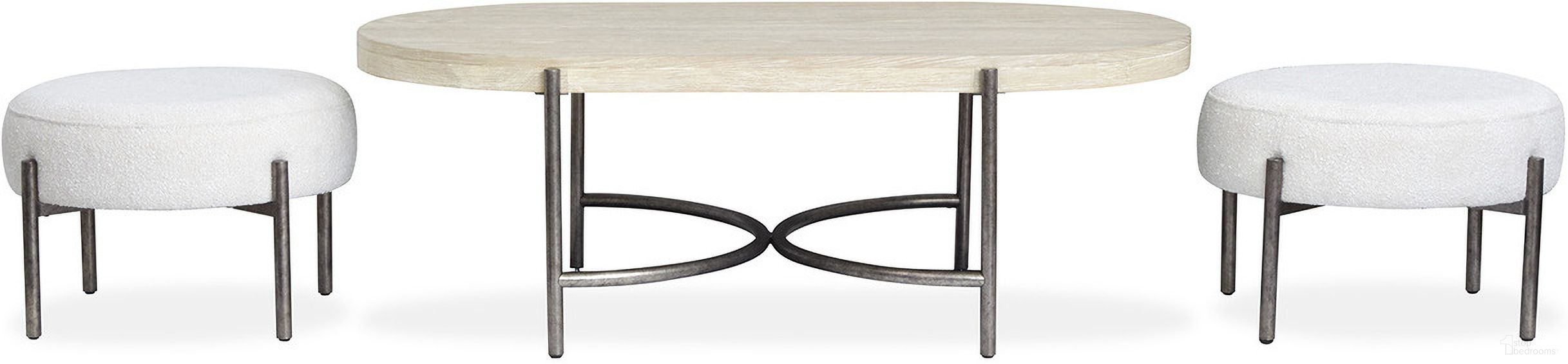 The appearance of Jennings Oval Cocktail Table With 2 Ottomans In Edgecomb Grey and Weathered Antique Nickel designed by Magnussen in the modern / contemporary interior design. This edgecomb grey and weathered antique nickel piece of furniture  was selected by 1StopBedrooms from Jennings Collection to add a touch of cosiness and style into your home. Sku: T5927-47. Material: Oak Veneer.