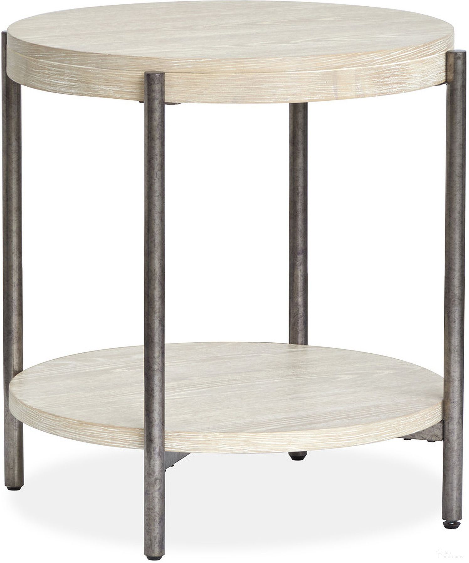 The appearance of Jennings Round End Table In Edgecomb Grey and Weathered Antique Nickel designed by Magnussen in the modern / contemporary interior design. This edgecomb grey and weathered antique nickel piece of furniture  was selected by 1StopBedrooms from Jennings Collection to add a touch of cosiness and style into your home. Sku: T5927-05. Material: Oak Veneer.