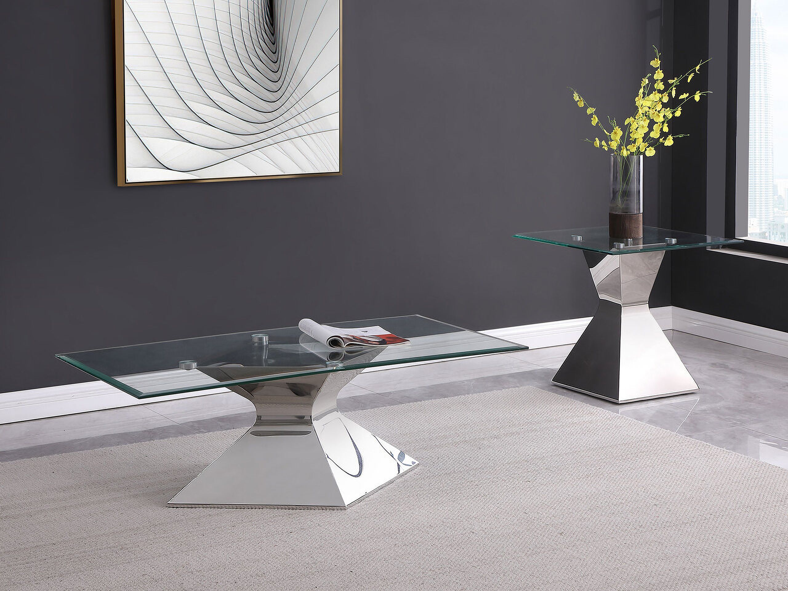 The appearance of Jenny Glass Top Stainless Steel Occasional Table Set In Chrome designed by Coaster in the modern / contemporary interior design. This chrome piece of furniture  was selected by 1StopBedrooms from Jenny Collection to add a touch of cosiness and style into your home. Sku: 710208B1;710208B2;710207B1;710207B2. Material: Glass.