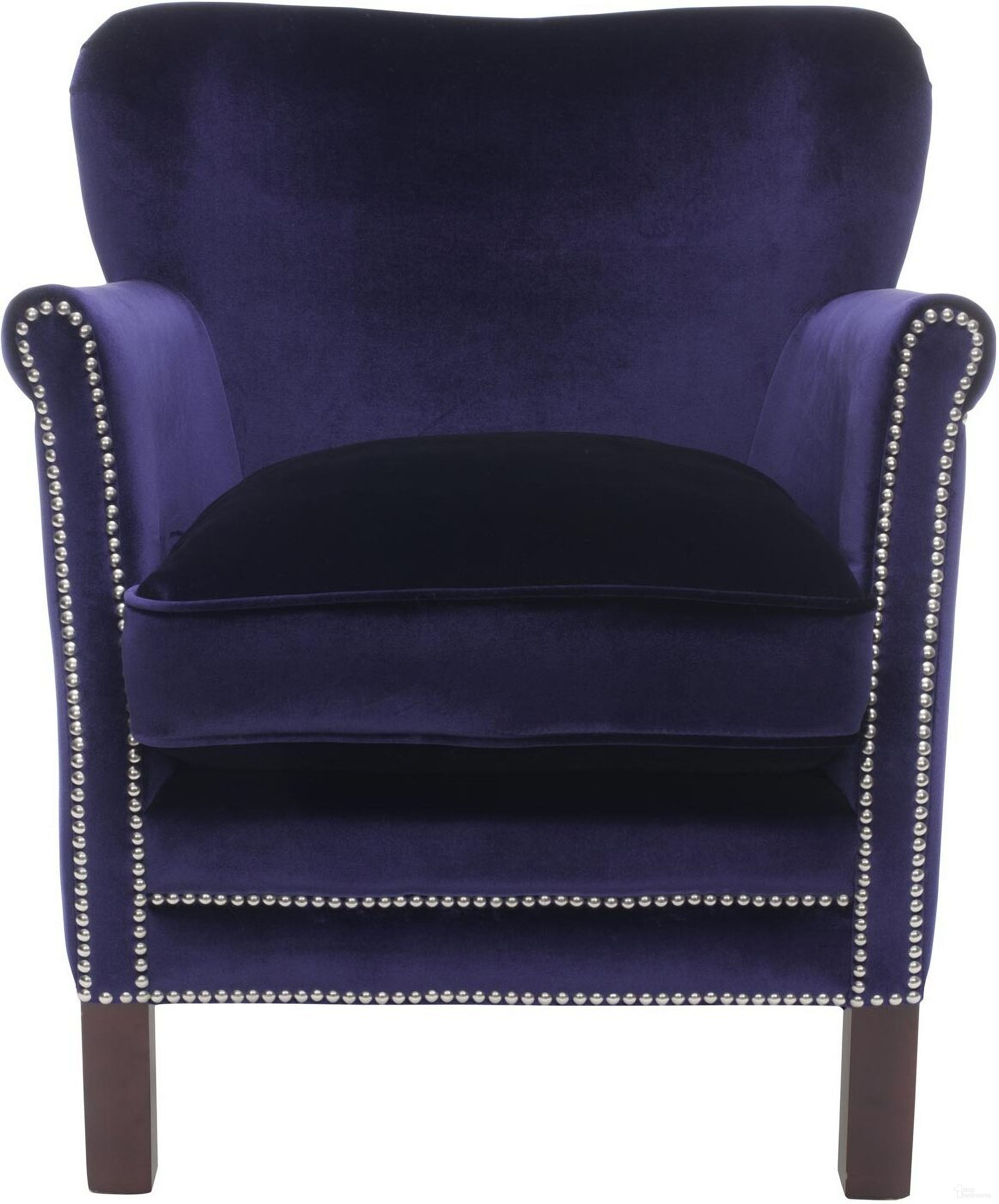 The appearance of Jenny Royal Blue and Cherry Mahogany Arm Chair with Silver Nailhead Detail designed by Safavieh in the transitional interior design. This royal blue piece of furniture was selected by 1StopBedrooms from Jenny Collection to add a touch of cosiness and style into your home. Sku: MCR4543D. Material: Stainless Steel.