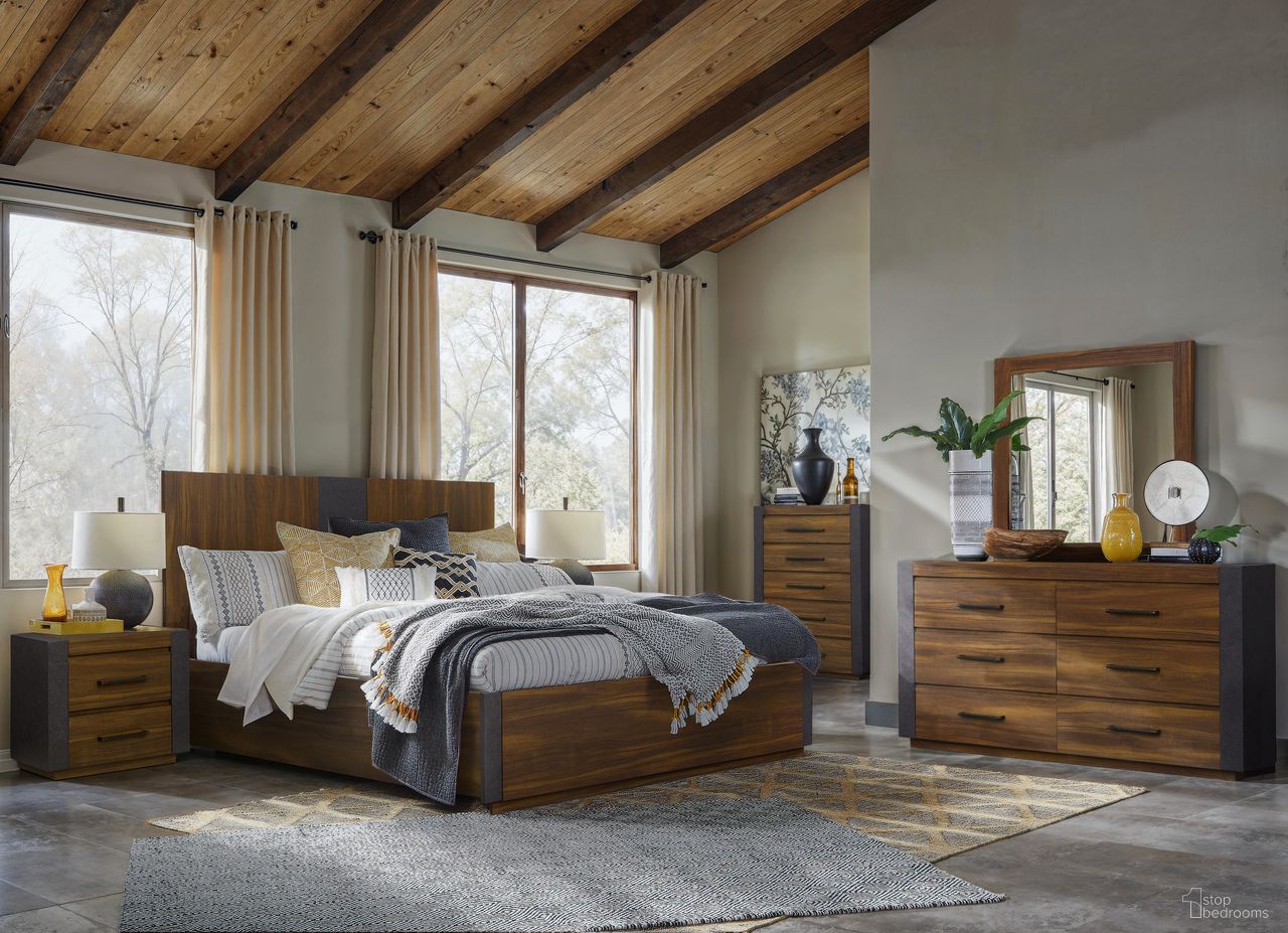 The appearance of Jensen Panel Bedroom Set In Tavern Brown designed by Magnussen in the transitional interior design. This tavern brown piece of furniture was selected by 1StopBedrooms from Jensen Collection to add a touch of cosiness and style into your home. Sku: B6306-54H;B6306-54F;B6306-54R;B6306-01. Bed Size: King. Material: Hardwood.