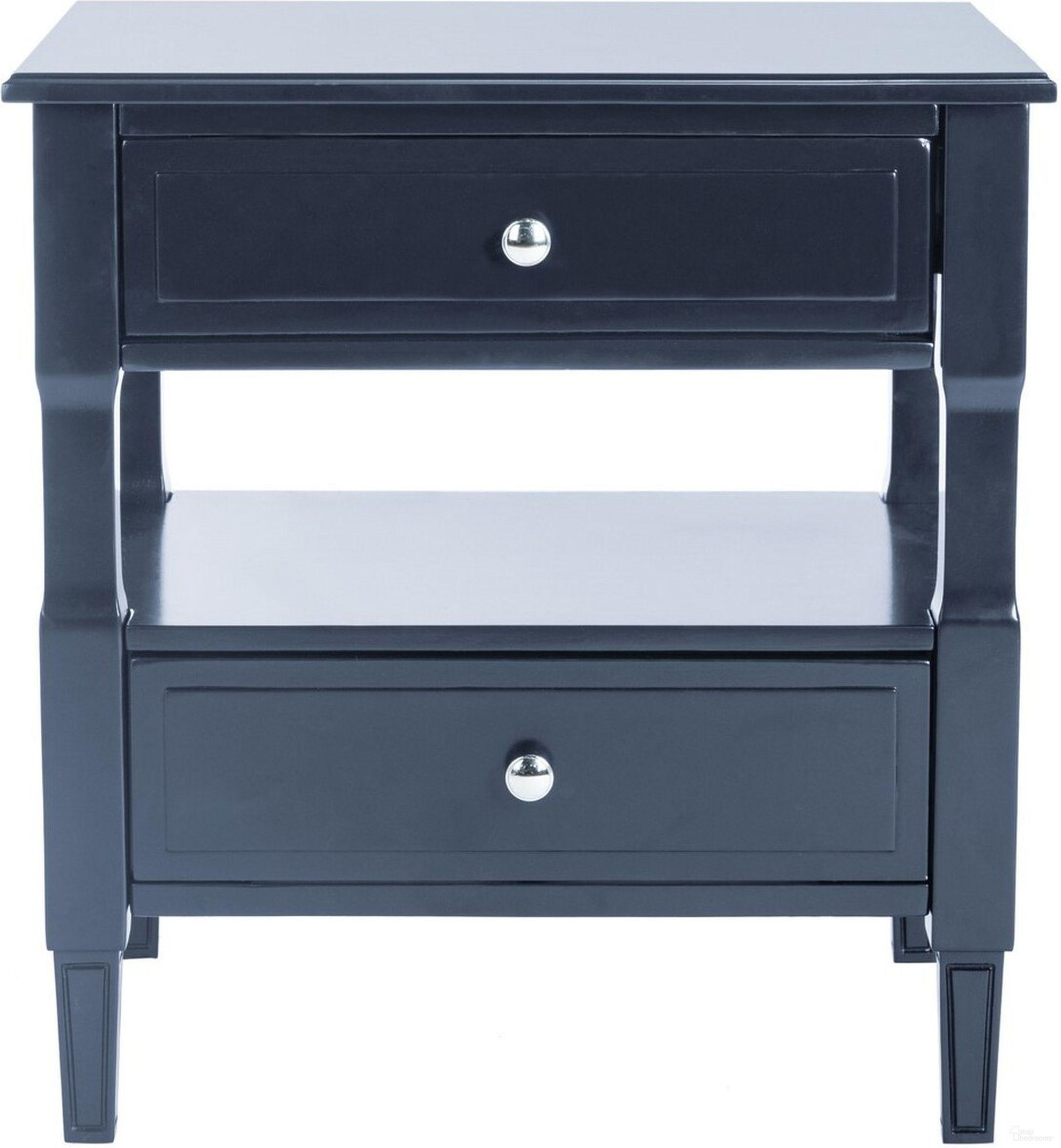 The appearance of Jenson Navy 2-Drawer Nightstand designed by Safavieh in the transitional interior design. This navy piece of furniture  was selected by 1StopBedrooms from Jenson Collection to add a touch of cosiness and style into your home. Sku: FOX6277D. Material: Iron.