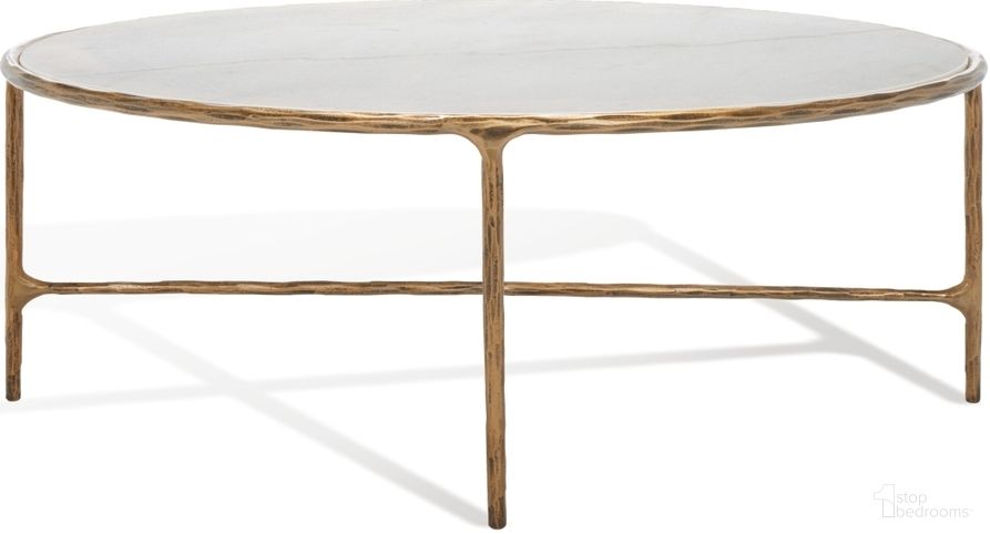 The appearance of Jessa Oval Metal Coffee Table In White and Brushed Brass designed by Safavieh Couture in the modern / contemporary interior design. This white and brushed brass piece of furniture  was selected by 1StopBedrooms from Jessa Collection to add a touch of cosiness and style into your home. Sku: SFV9521C. Material: Iron.