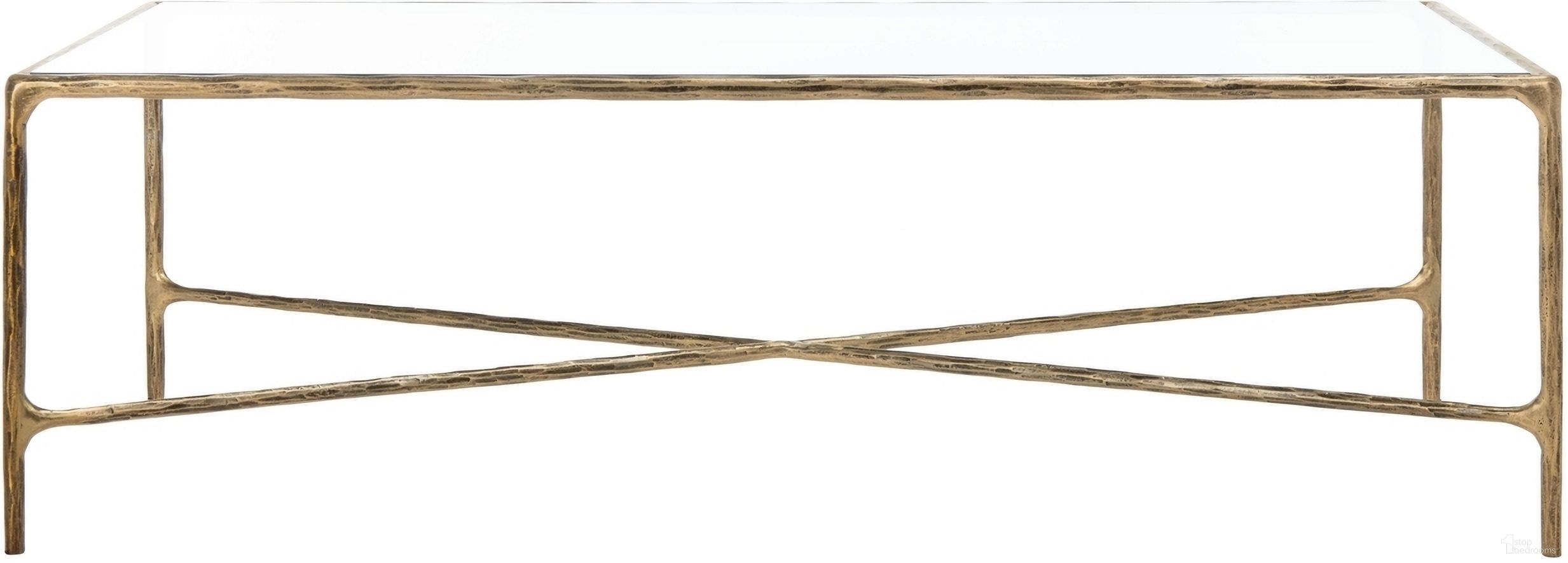 The appearance of Jessa Rectangle Coffee Table In Brass designed by Safavieh Couture in the glam interior design. This brass piece of furniture  was selected by 1StopBedrooms from Jessa Collection to add a touch of cosiness and style into your home. Sku: SFV9500A. Material: Metal.