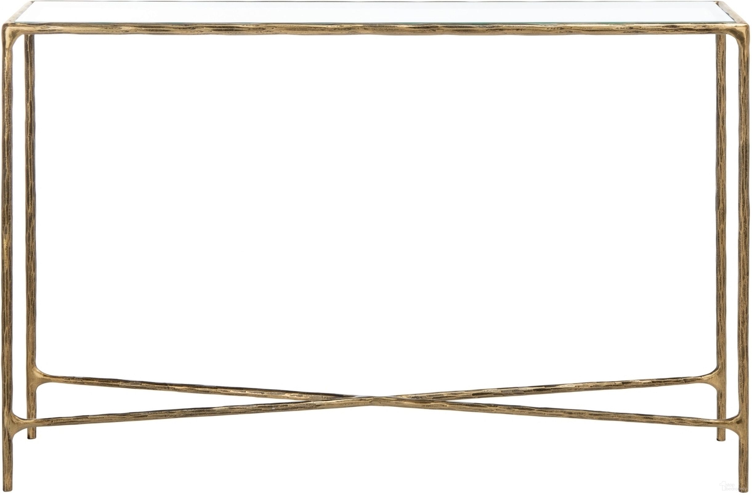 The appearance of Jessa Rectangle Console Table In Brass designed by Safavieh Couture in the glam interior design. This brass piece of furniture  was selected by 1StopBedrooms from Jessa Collection to add a touch of cosiness and style into your home. Sku: SFV9502A. Material: Metal.