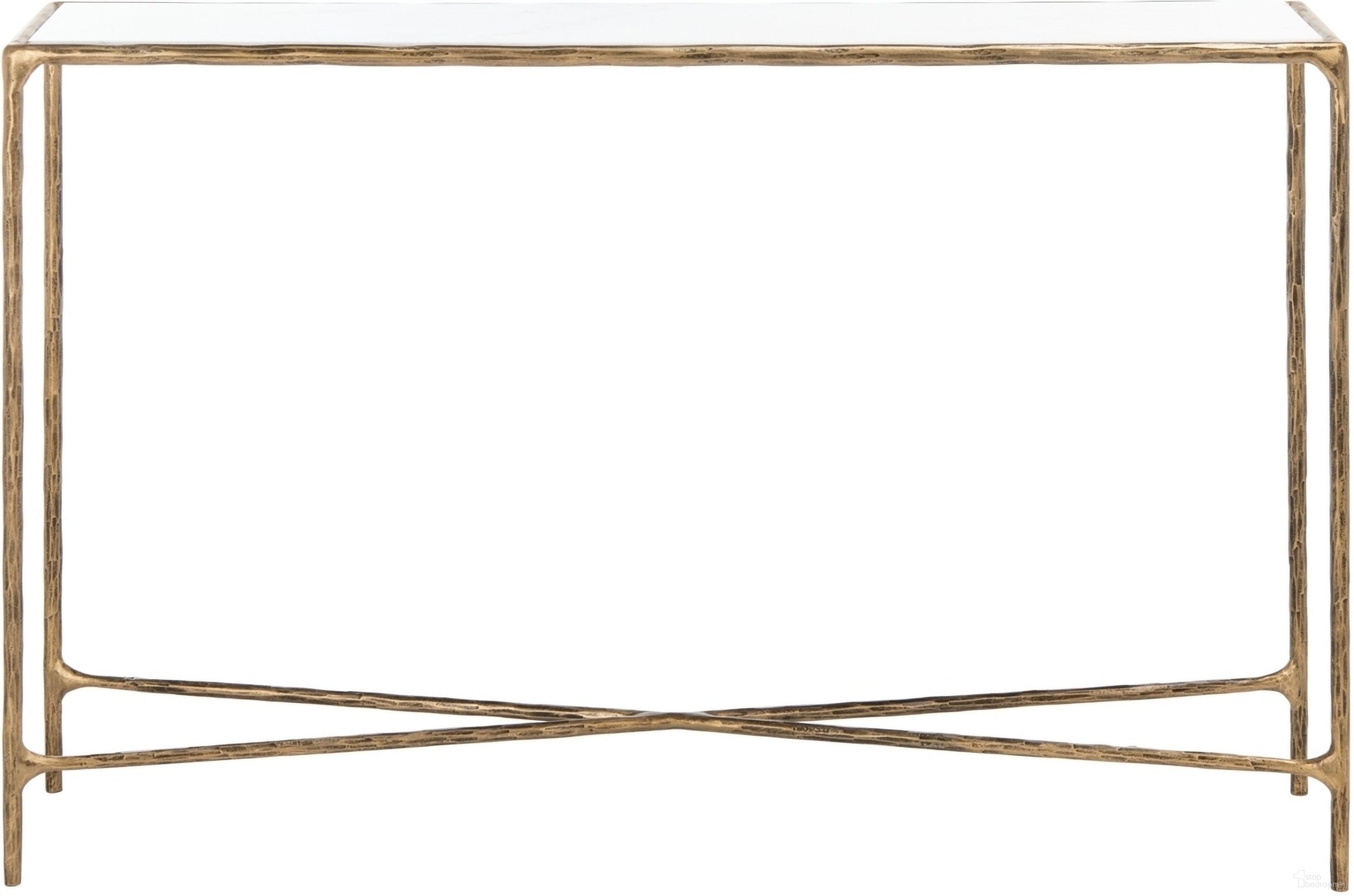 The appearance of Jessa Rectangle Console Table In White and Brass designed by Safavieh Couture in the glam interior design. This white and brushed brass piece of furniture  was selected by 1StopBedrooms from Jessa Collection to add a touch of cosiness and style into your home. Sku: SFV9502C. Material: Iron.