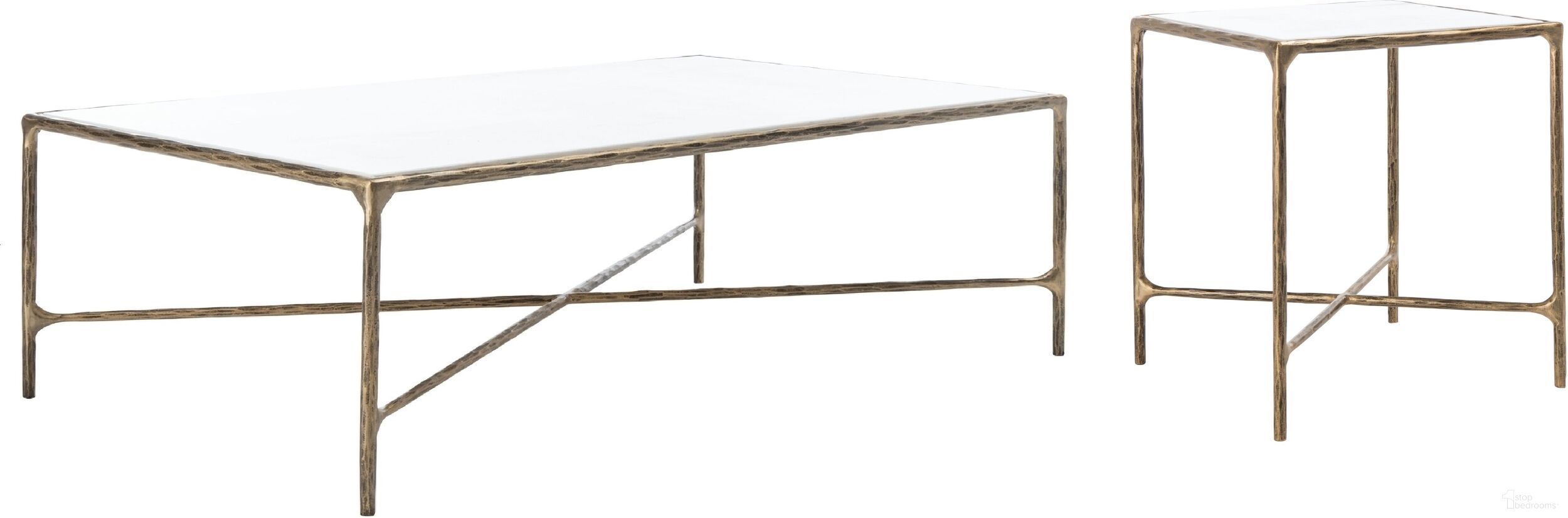 The appearance of Jessa Rectuangular Occasional Table Set In White and Brushed Brass designed by Safavieh Couture in the glam interior design. This white and brushed brass piece of furniture  was selected by 1StopBedrooms from Jessa Collection to add a touch of cosiness and style into your home. Sku: SFV9500C;SFV9503C. Material: Metal.