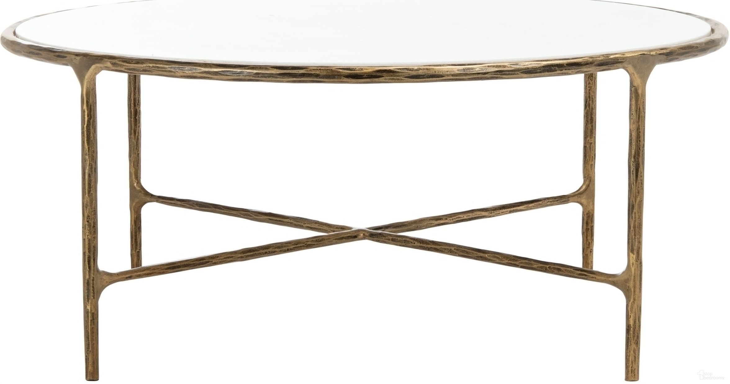 The appearance of Jessa Round Metal Coffee Table In White And Brass designed by Safavieh Couture in the glam interior design. This white and brushed brass piece of furniture  was selected by 1StopBedrooms from Jessa Collection to add a touch of cosiness and style into your home. Sku: SFV9501C. Material: Metal.