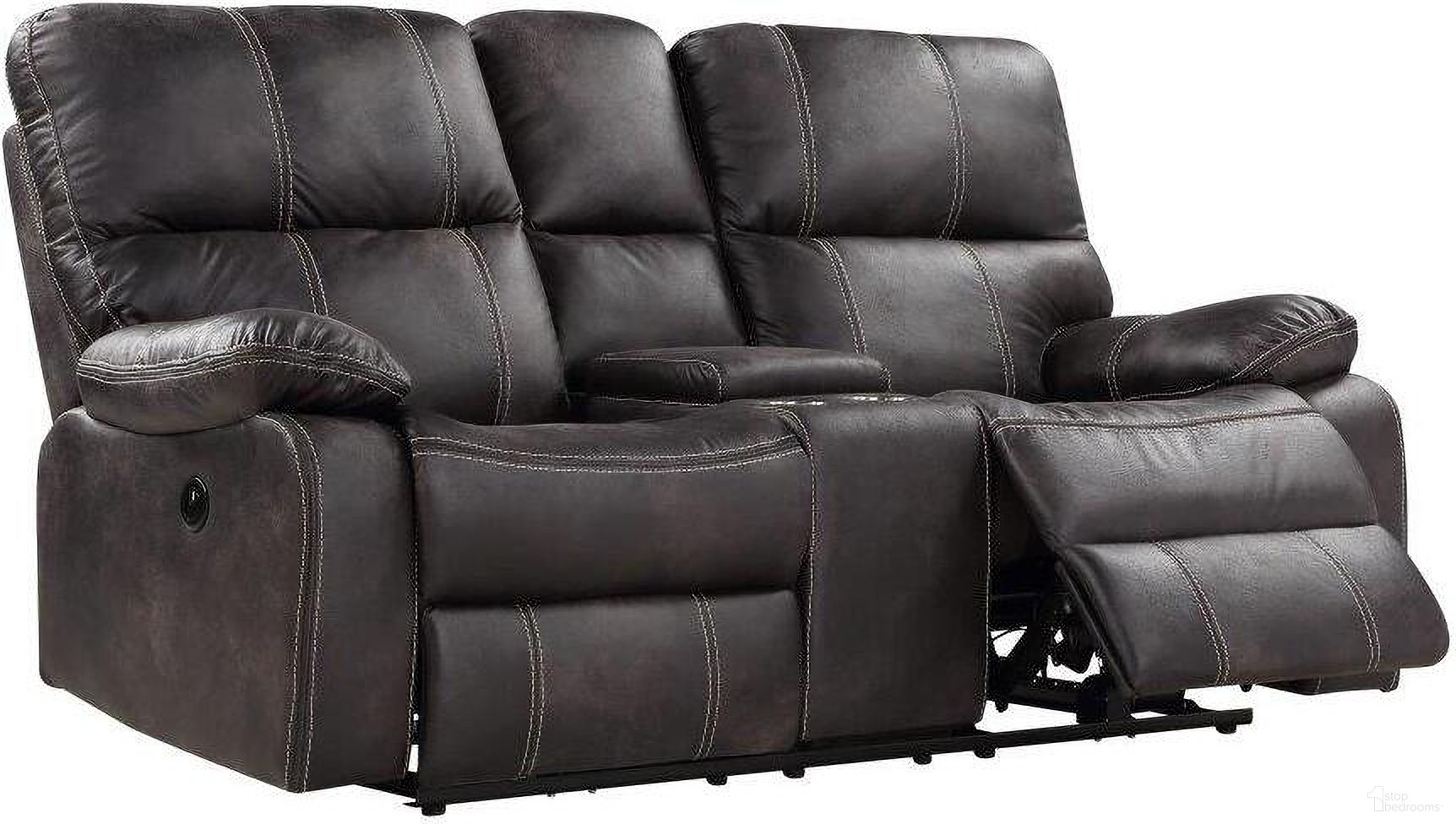 The appearance of Jessie James Power Reclining Loveseat In Dark Graphite designed by Emerald Home Furnishings in the modern / contemporary interior design. This graphite piece of furniture  was selected by 1StopBedrooms from Jessie James Collection to add a touch of cosiness and style into your home. Sku: U7130-21-03. Material: Wood.
