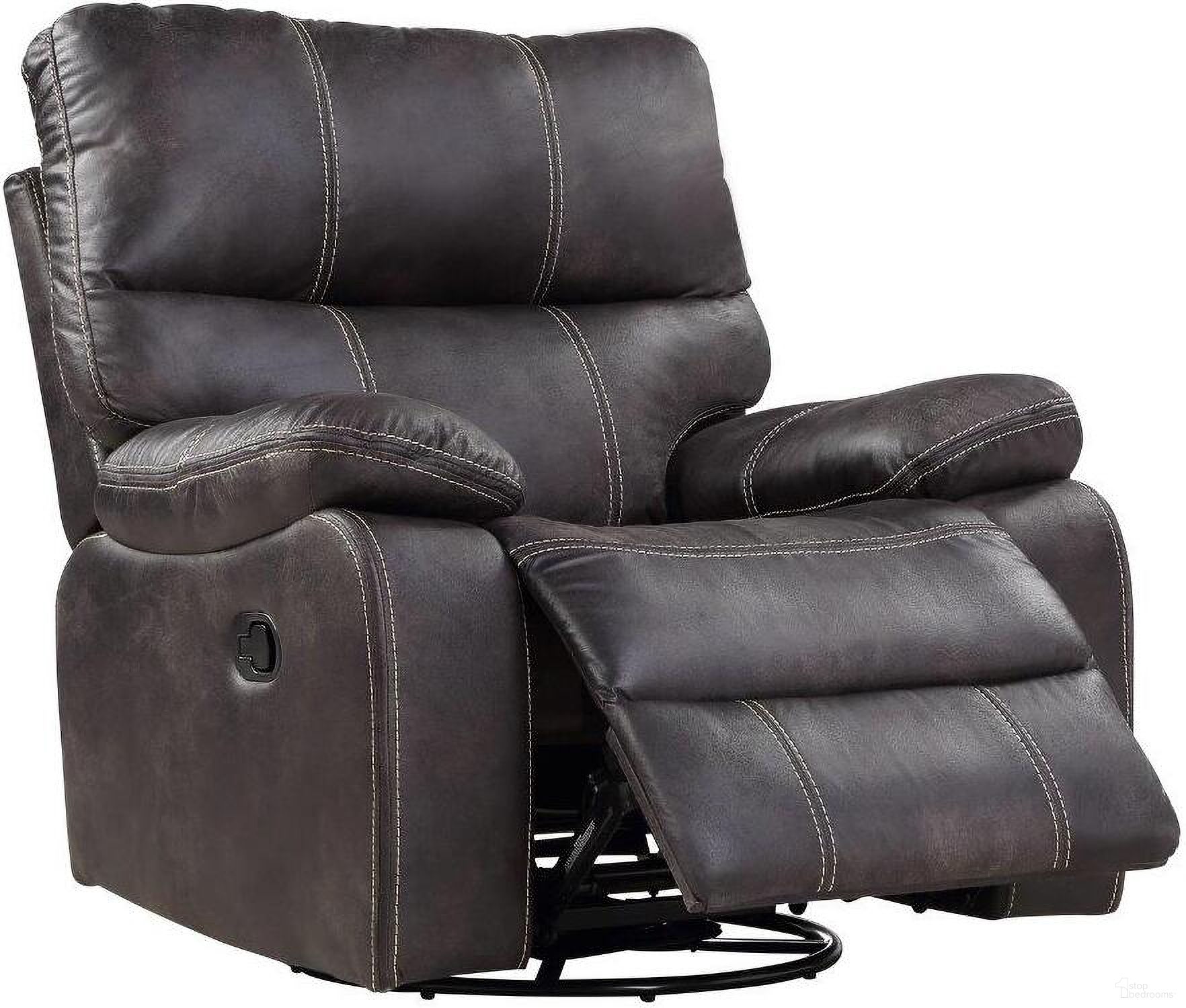 The appearance of Jessie James Swivel Gliding Recliner In Dark Graphite designed by Emerald Home Furnishings in the modern / contemporary interior design. This graphite piece of furniture  was selected by 1StopBedrooms from Jessie James Collection to add a touch of cosiness and style into your home. Sku: U7130-04-03. Material: Wood.
