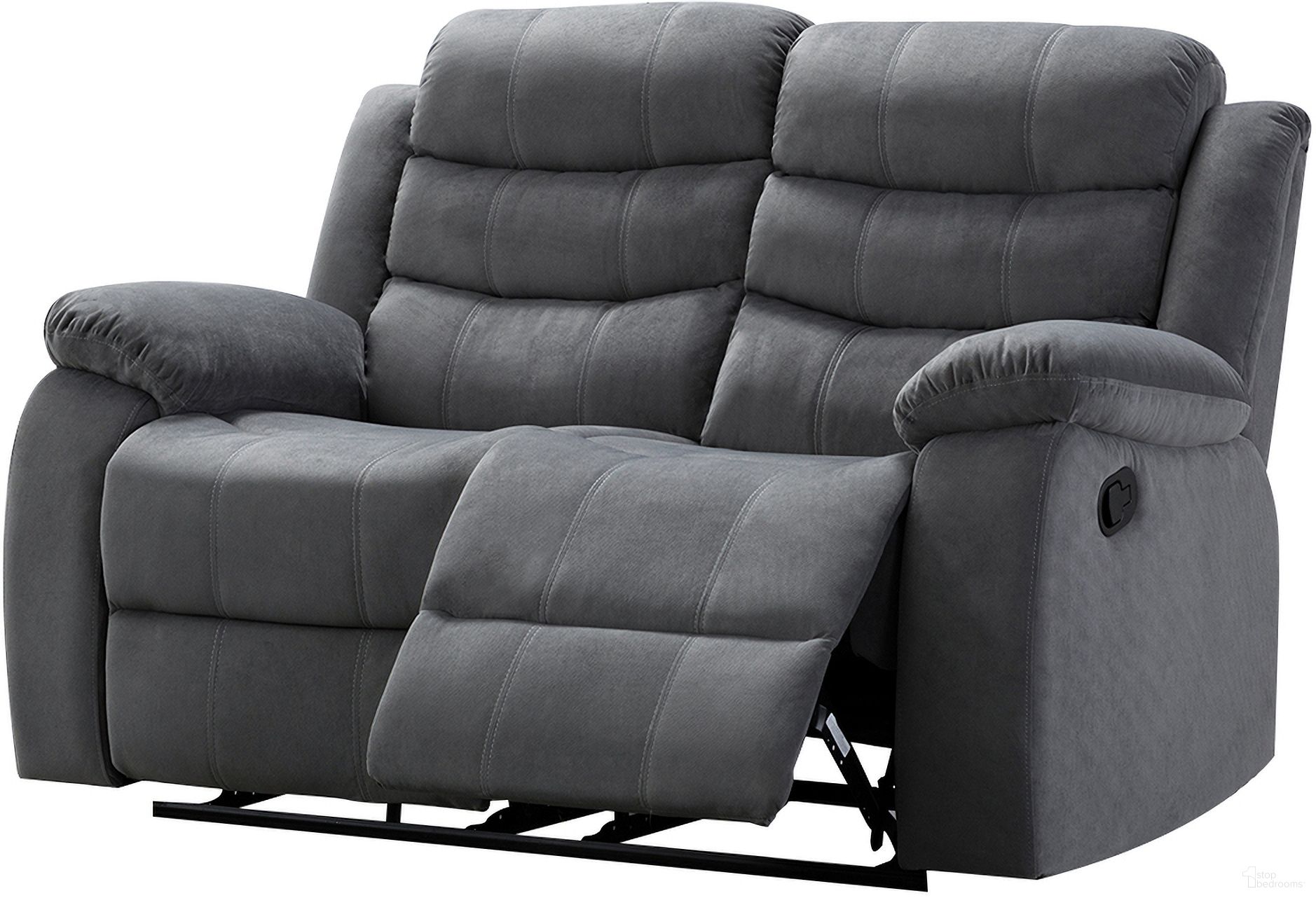 The appearance of Jim Upholstered Reclining Loveseat with 2 Recliners In Grey designed by AC Pacific in the modern / contemporary interior design. This grey piece of furniture  was selected by 1StopBedrooms from Jim Collection to add a touch of cosiness and style into your home. Sku: JIM-GREY-DRL. Material: Metal.