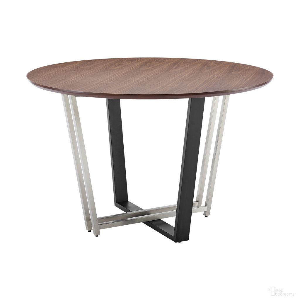 The appearance of Joana 48 Inch Round Dining Table In Brushed Stainless Steel and Black Iron Base with Walnut Tabletop designed by Armen Living in the modern / contemporary interior design. This walnut piece of furniture  was selected by 1StopBedrooms from Joana Collection to add a touch of cosiness and style into your home. Sku: LCJODIWALBLKTOP;LCJODIWALBLKBASE. Table Base Style: Pedestal. Table Top Shape: Round. Material: Stainless Steel. Size: 48".