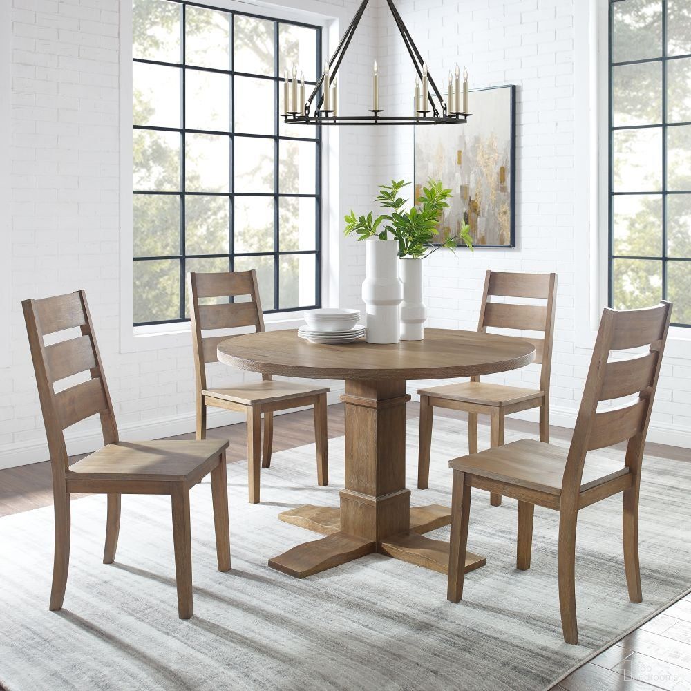 The appearance of Joanna Round Dining Room Set In Rustic Brown designed by Crosley Brands in the modern / contemporary interior design. This rustic brown piece of furniture  was selected by 1StopBedrooms from Joanna Collection to add a touch of cosiness and style into your home. Sku: CF2012-RB-1OF2;CF2012-RB-2OF2;CF501217-RB;CF501217-RB. Table Base Style: Pedestal. Table Top Shape: Round. Material: MDF. Size: 47".