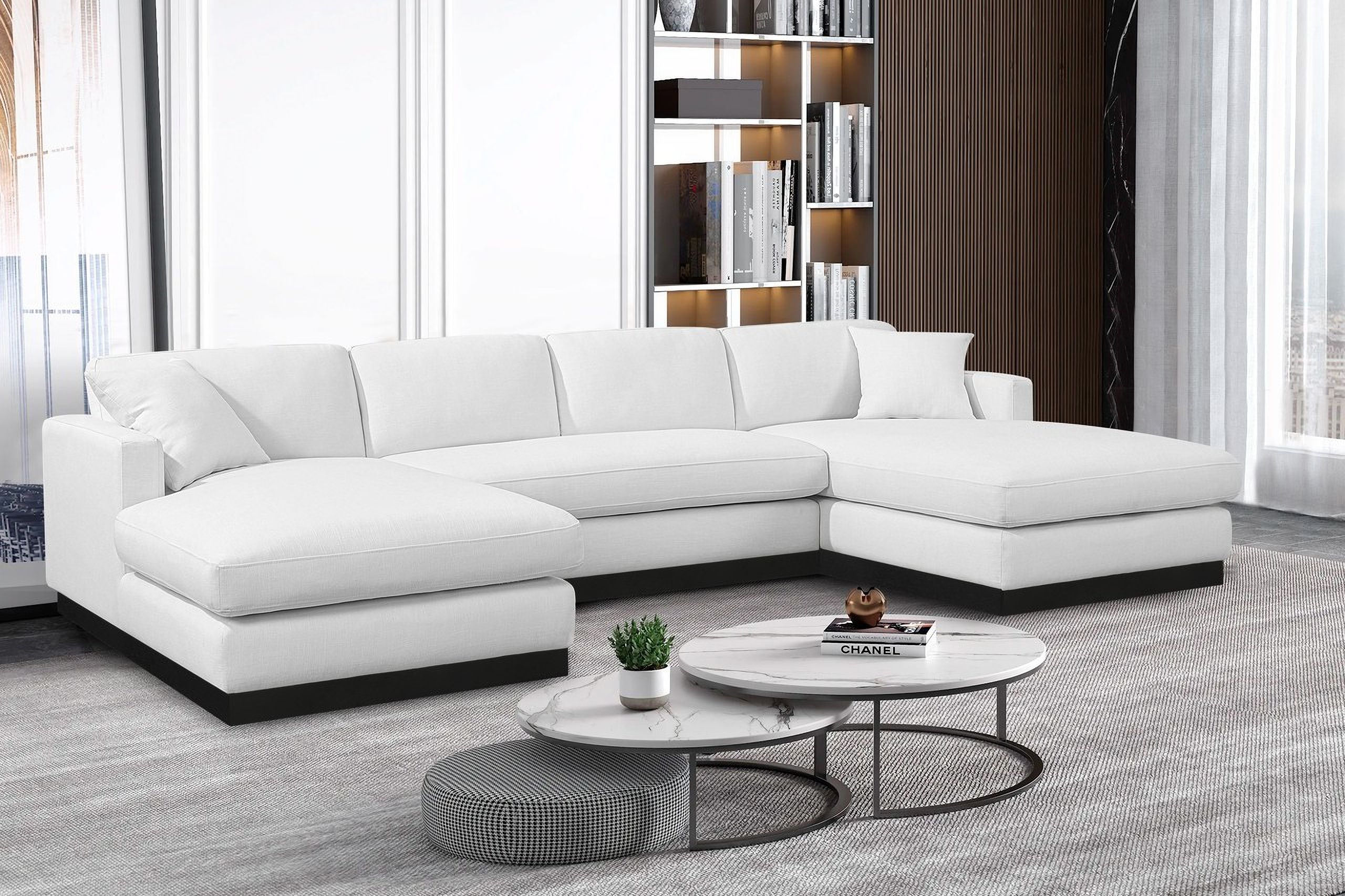 The appearance of Johanna Linen Textured Fabric 3-Piece Sectional In White/Black designed by Meridian in the transitional interior design. This white piece of furniture  was selected by 1StopBedrooms from Johanna Collection to add a touch of cosiness and style into your home. Sku: 689White-Sectional Box 1/3 (Left Chaise);689White-Sectional Box 2/3 (Middle Loveseat);689White-Sectional Box 3/3 (Right Chaise). Material: Linen. Layout: U-Shape.