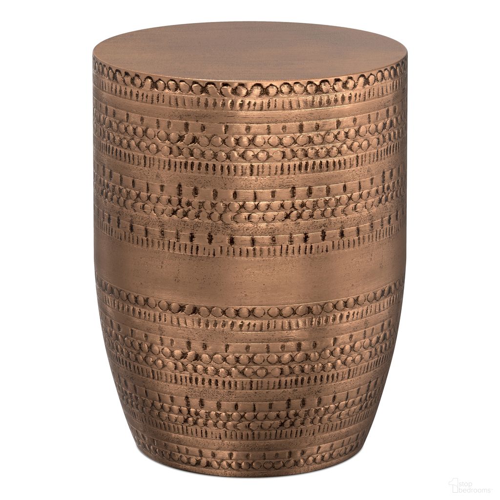 The appearance of Johnsen 15 Inch Wide Tribal Pattern Metal Accent Table In Antique Copper designed by Simpli Home in the transitional interior design. This antique copper piece of furniture  was selected by 1StopBedrooms from Johnsen Collection to add a touch of cosiness and style into your home. Sku: AXCMTBL03LG-AC. Material: Metal.