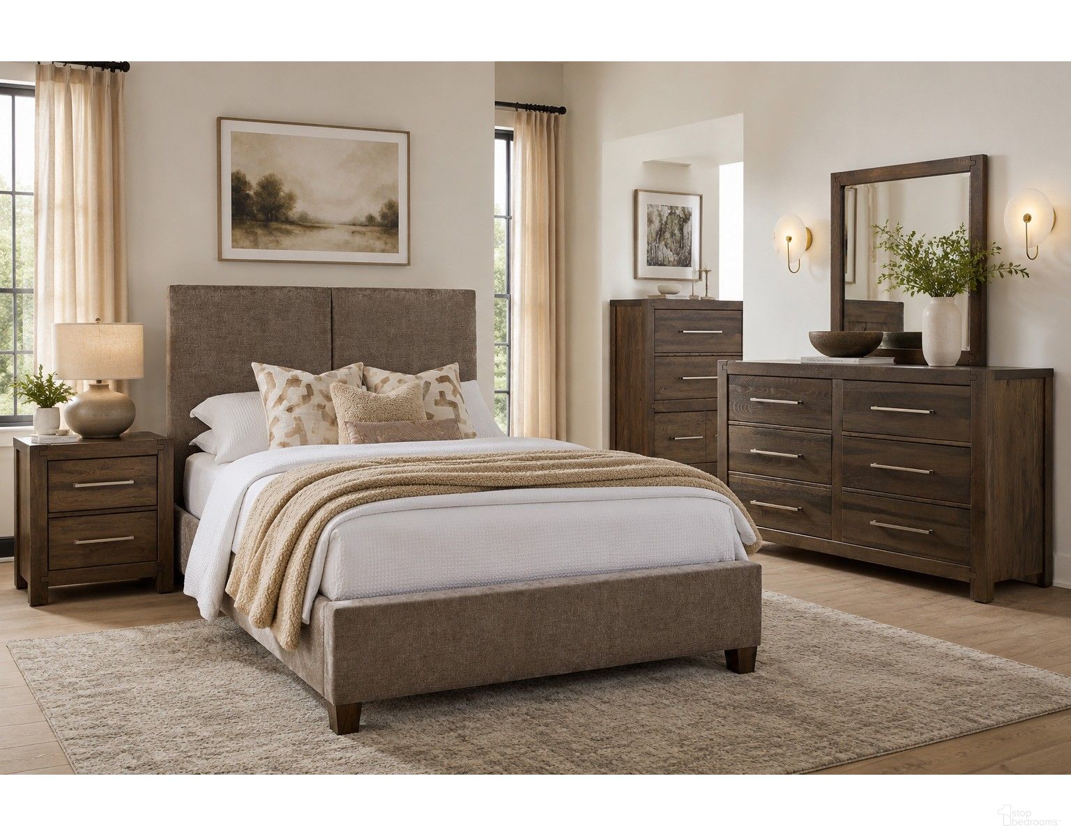 Joinery Upholstered Bedroom Set In Brindle Grey and Espresso Oak