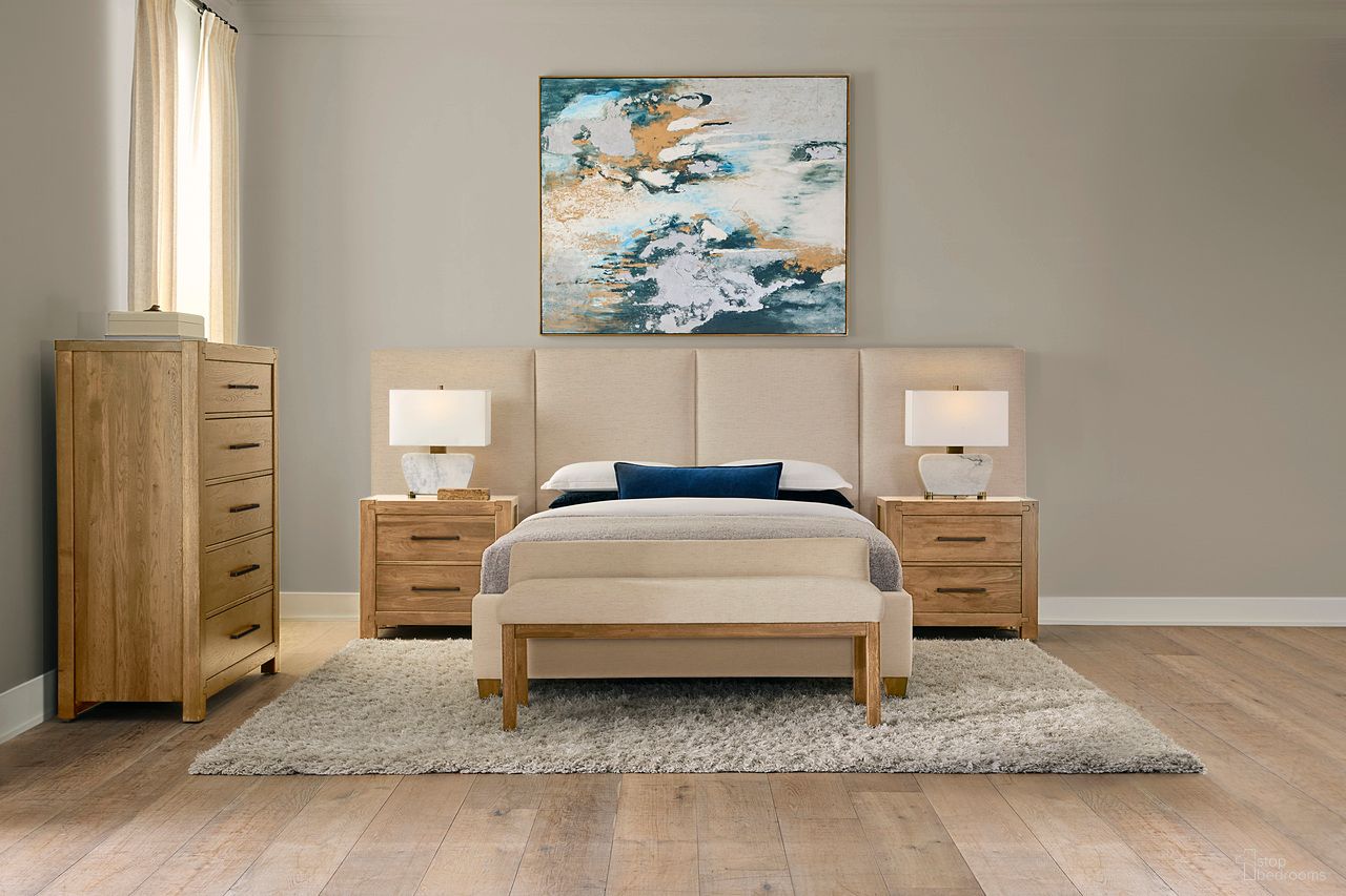 Joinery Upholstered Wall Bedroom Set In Ivory Cream and Natural Oak