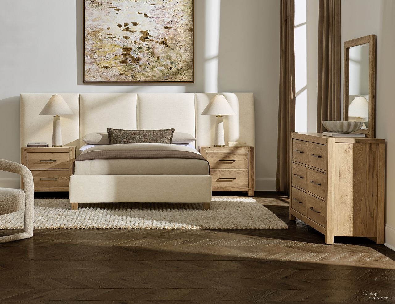 Joinery Upholstered Wall Bedroom Set In Ivory Cream and Whitewashed Oak